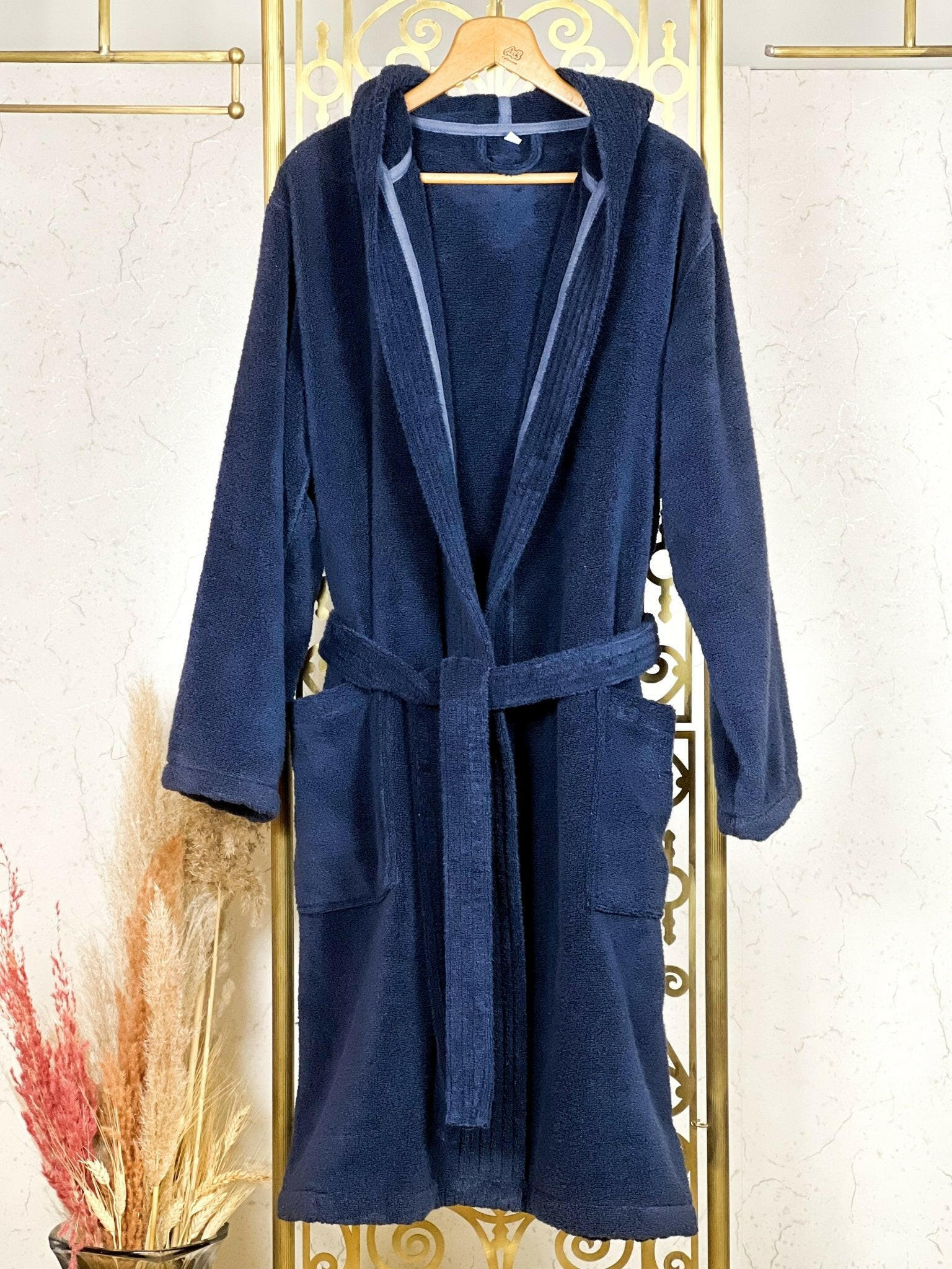 Akay Men's Navy Blue Hooded Bathrobe, Best Luxury Micro Cotton Soft Turkish Robe Gown by Creative Home
