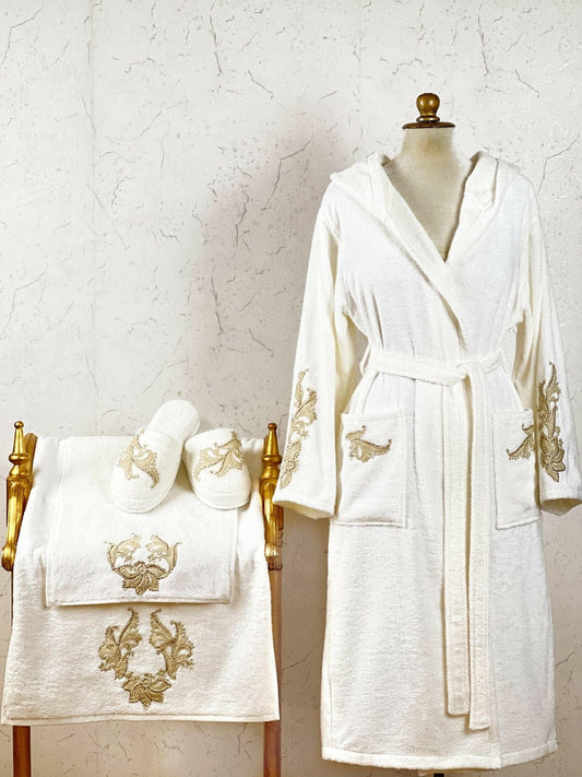 Alev Vintage Embroidery Lace White Women's Bathrobe Set, Luxury Robe