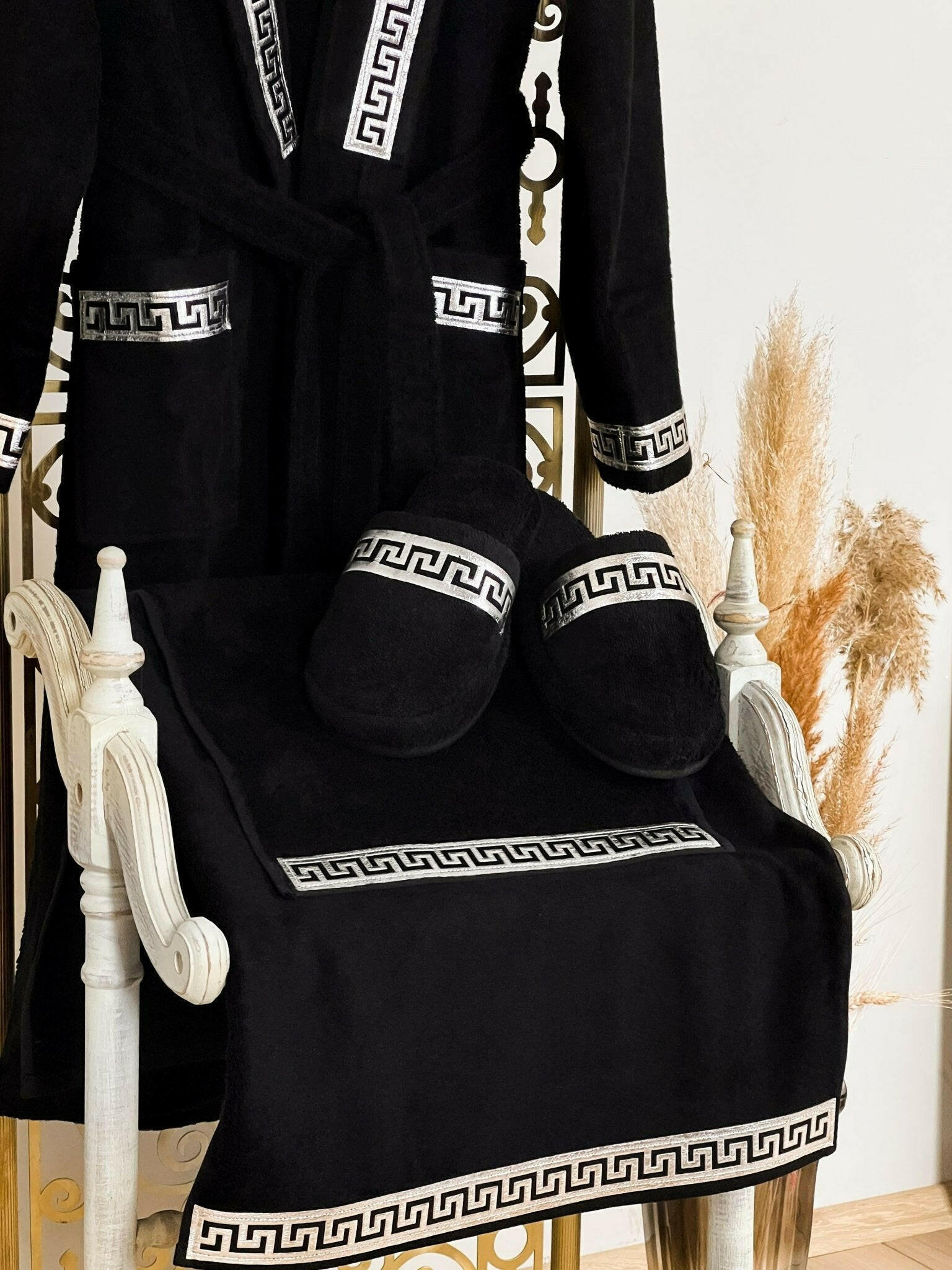 Anka Black & Silver Greek Key Men's Bathrobe Set, Luxury Robe & Gown