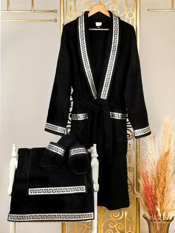 Anka Black & Silver Bathrobe (His) - Creative Home, Bathrobes, Versace Style Greek Key Turkish Bamboo Luxury Robe
