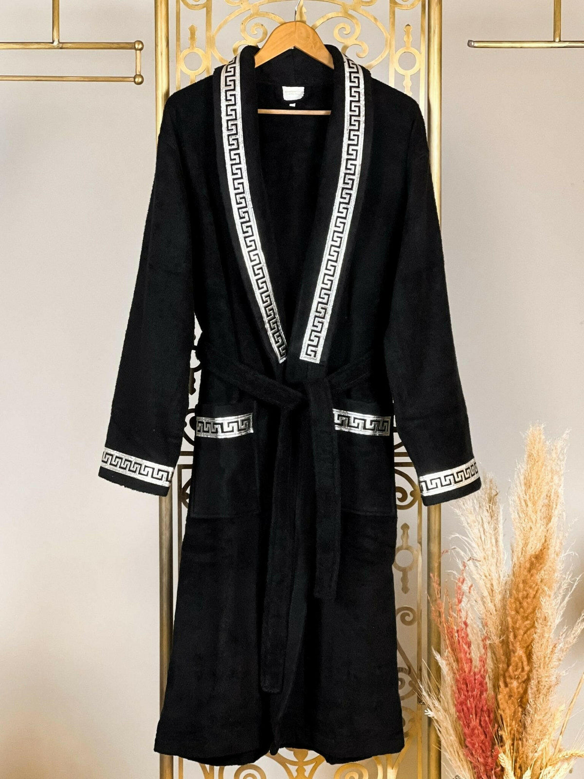 Only Bath Robe Anka Black & Silver Greek Key Men's Bathrobe Set, Luxury Robe & Gown