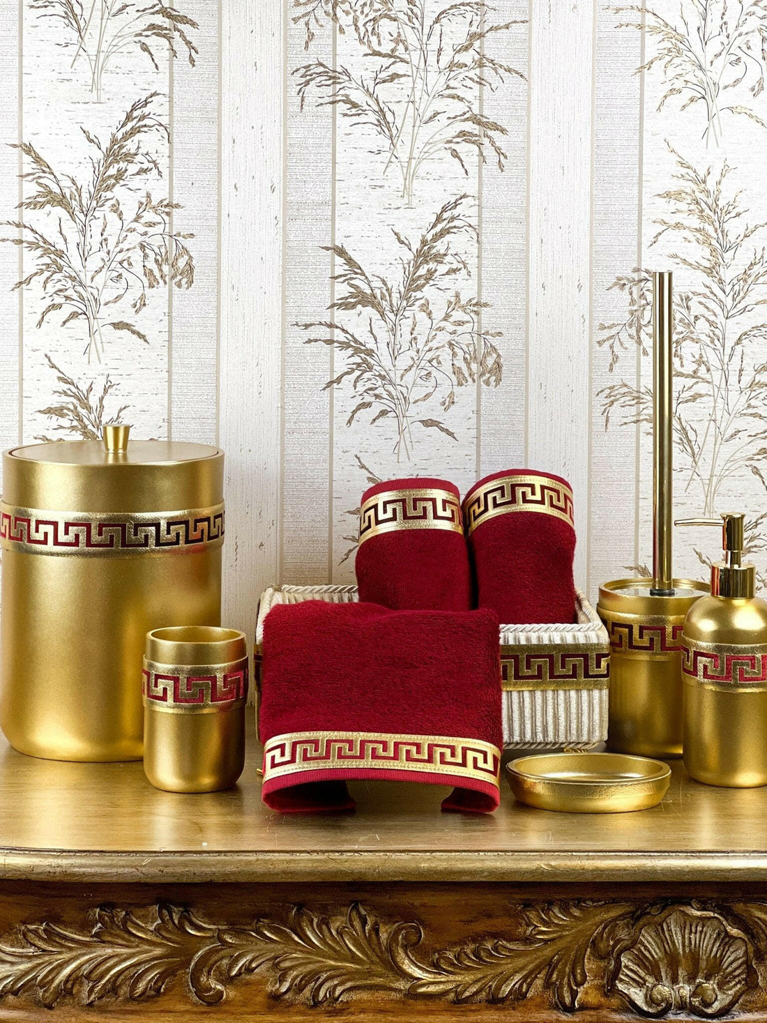 Anka Greek Key Red & Gold Bathroom Accessory Set, Luxury Bath Decor