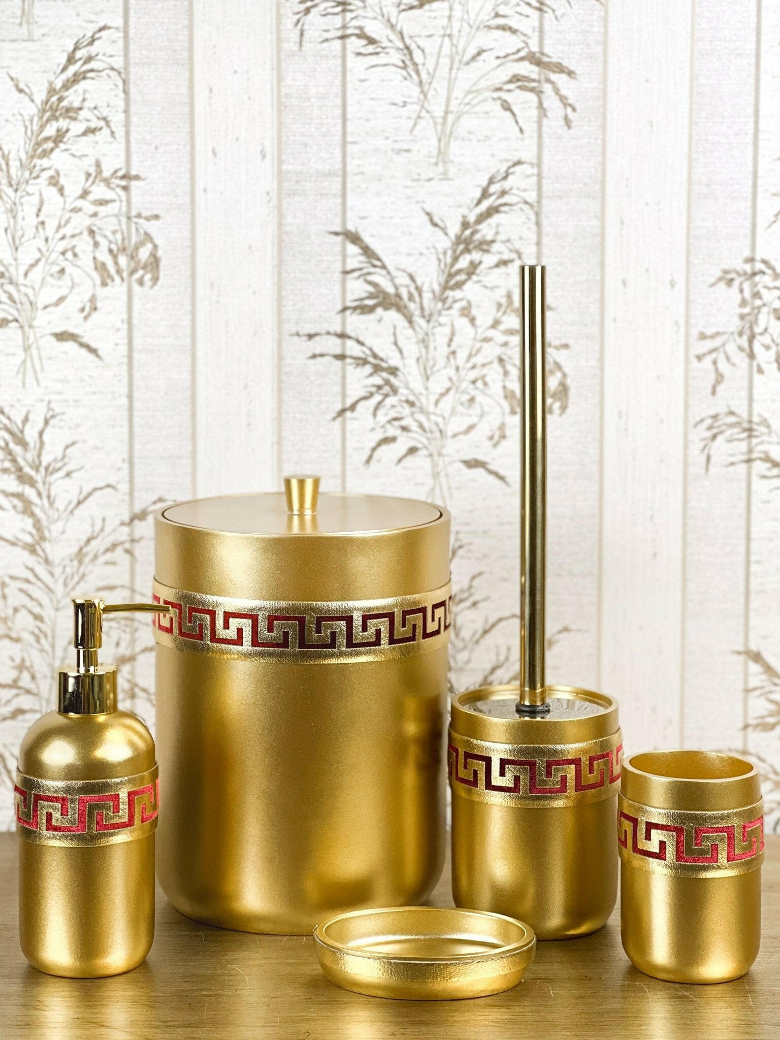 Anka Greek Key Black & Gold Bathroom Accessory Set, Luxury Bath Decor
