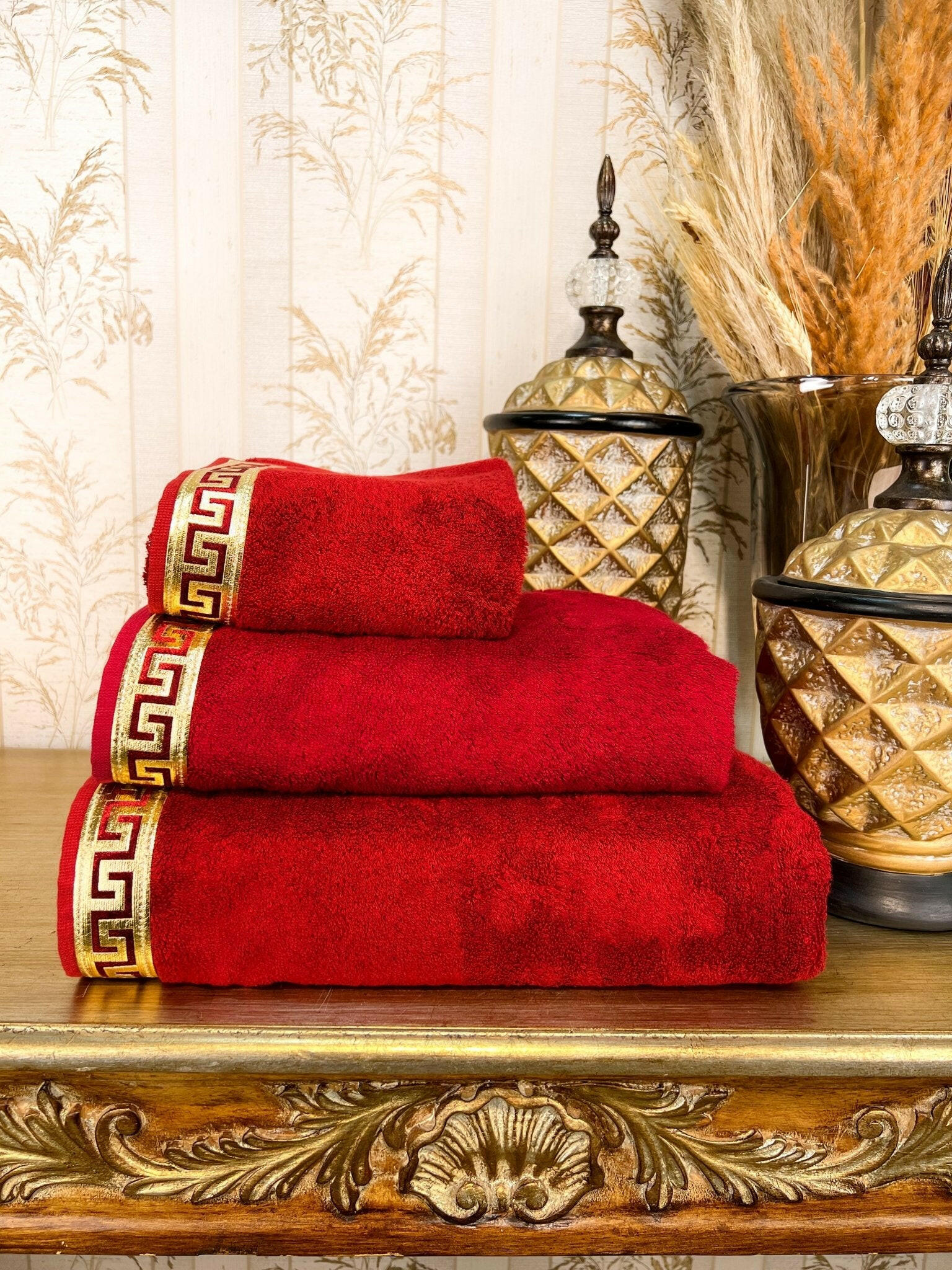 Anka Burgundy & Gold Towel Set - Creative Home Designs, Versace Style Greek Key Patterned Burgundy & Gold Bamboo Luxury & Expensive Turkish Towels