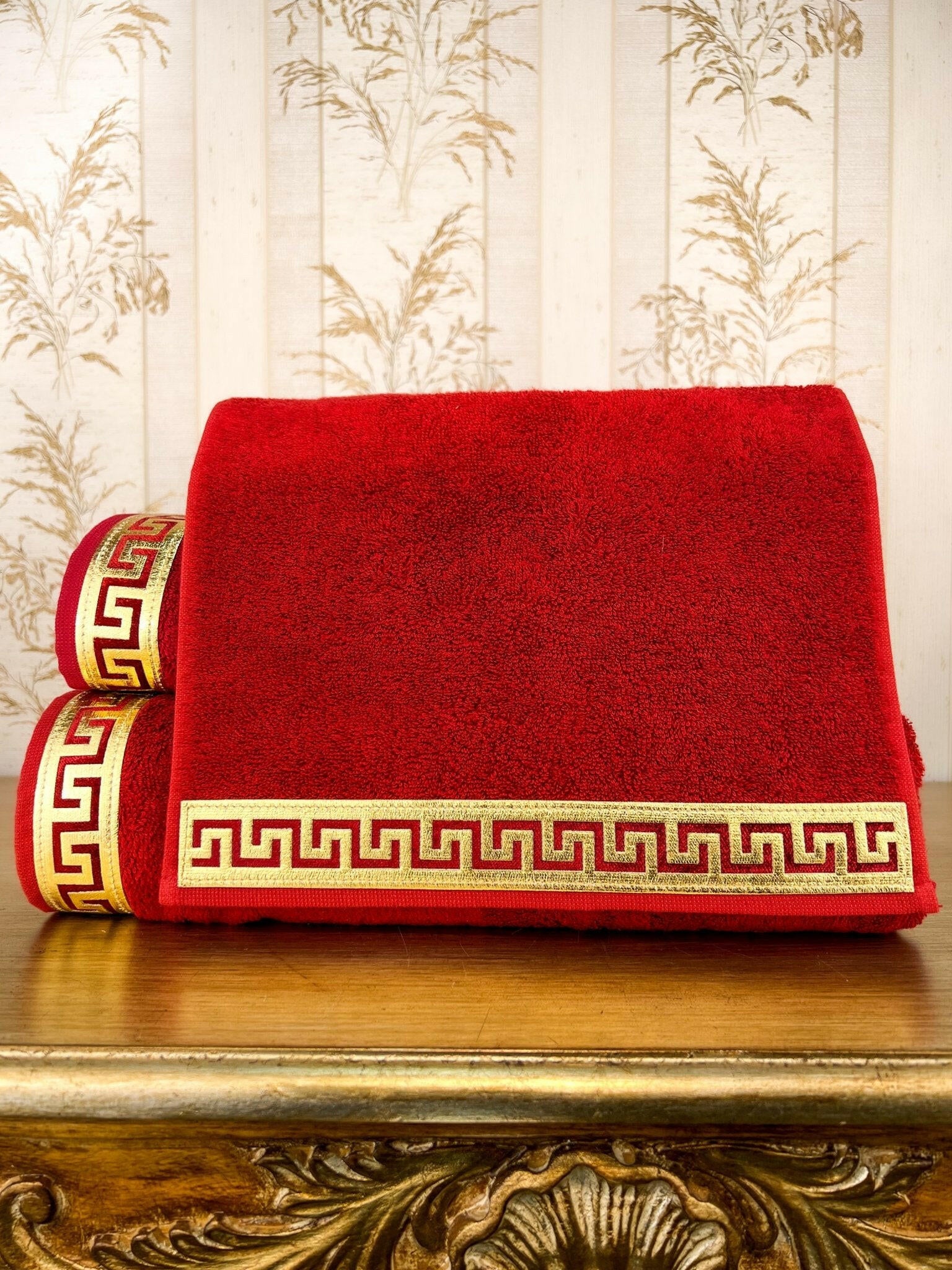 Anka Burgundy & Gold Towel Set - Creative Home Designs, Versace Style Greek Key Patterned Burgundy & Gold Bamboo Luxury & Expensive Turkish Towels,TS-CH-ANKARG