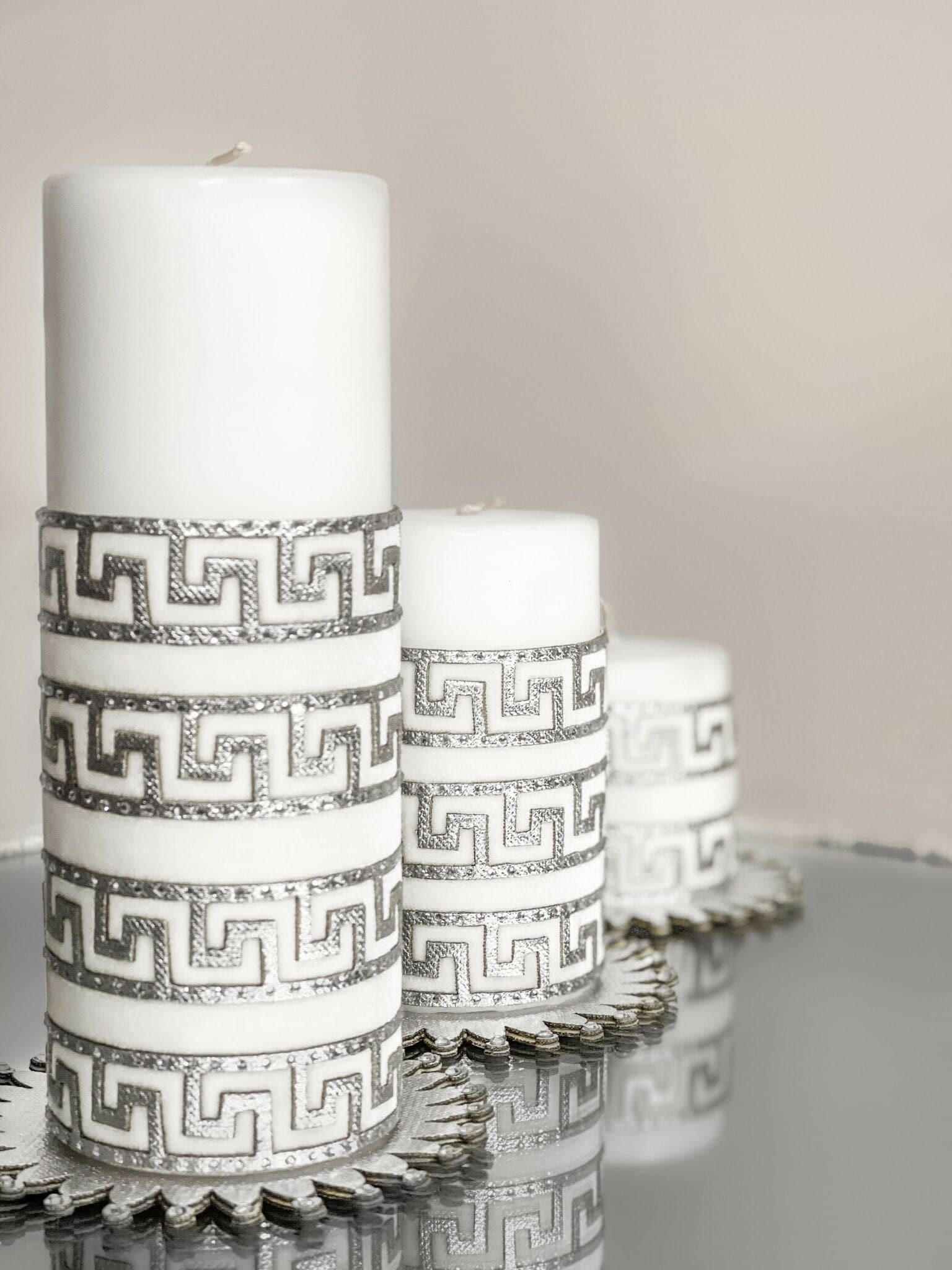 Anka Candle Silver Grey Color Set of 3, Greek Key Style Pattern, Chic Decorative CandlesAnka Candle Set of 3, Greek Key Versace Style Pattern, Chic Decorative Candles,CS-CH-ANKAS