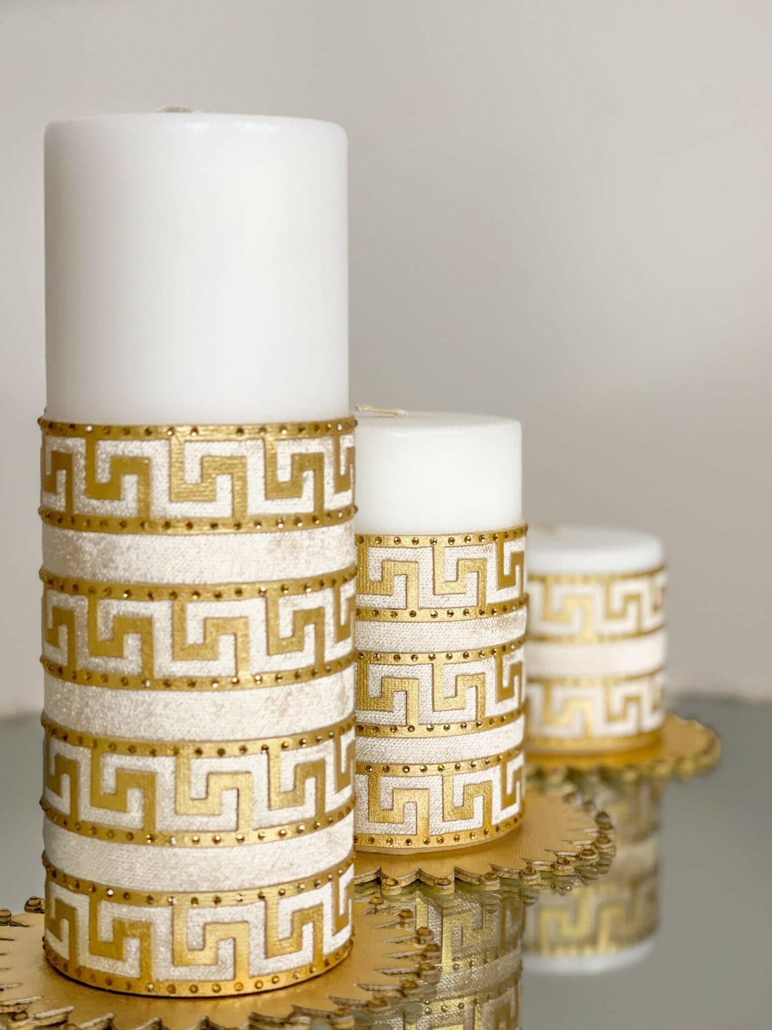 Anka Candle Gold Color Set of 3, Greek Key Style Pattern, Chic Decorative CandlesAnka Candle Set of 3, Greek Key Versace Style Pattern, Chic Decorative Candles,CS-CH-ANKAG