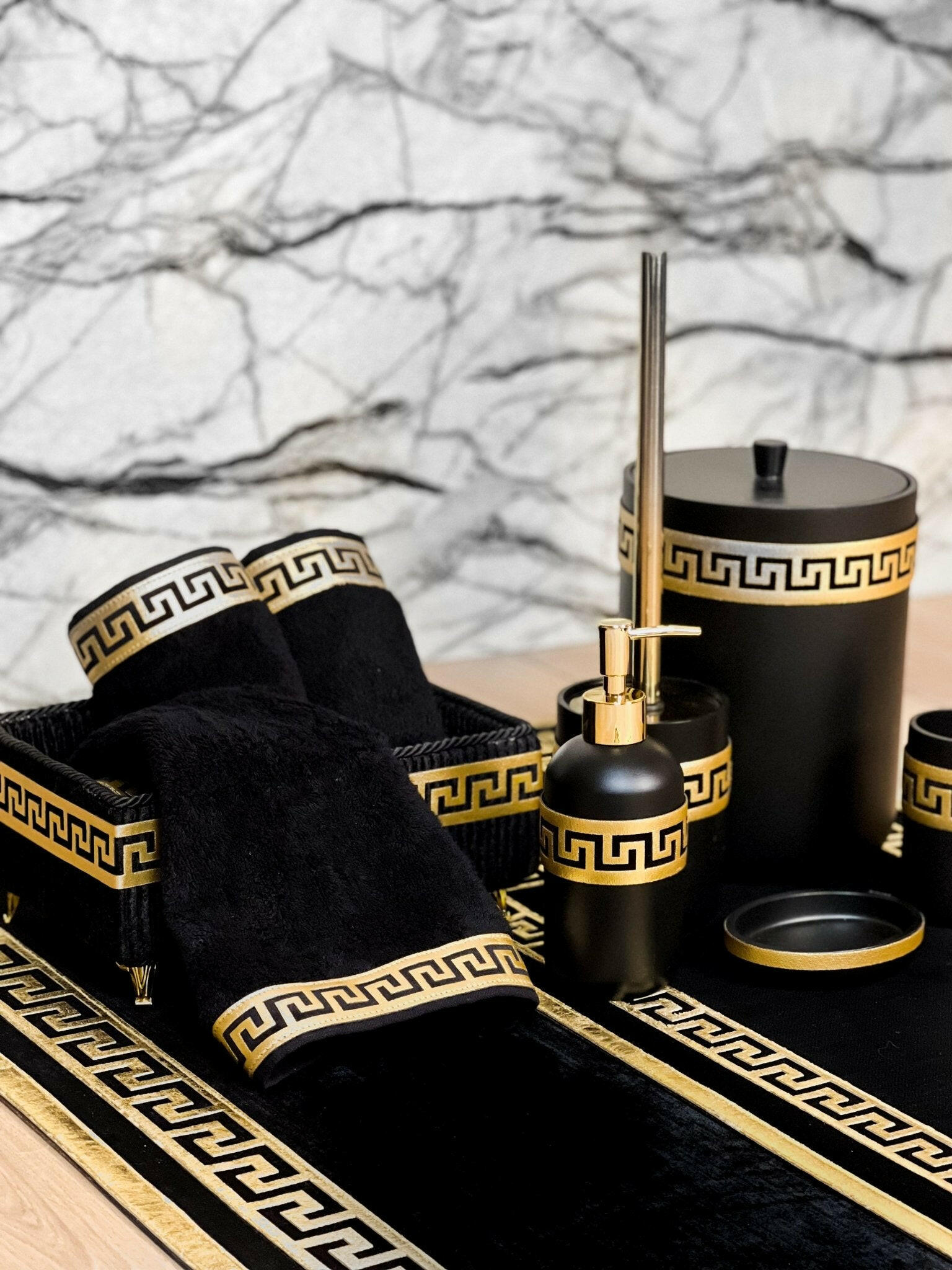 Anka Bathroom Set - Creative Home, Resin Black & Gold Bathroom Accessory Sets, Versace Style Greek Key Patterned Black & Gold Bathroom Decor, Bamboo Black Turkish Towels, Turkish Black & Gold Rug Carpet Mat,