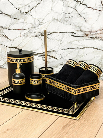 Anka Bathroom Set - Creative Home, Resin Black & Gold Bathroom Accessory Sets, Versace Style Greek Key Patterned Black & Gold Bathroom Decor, Bamboo Black Turkish Towels, Turkish Black & Gold Rug Carpet Mat,BS-CH-ANKABG-COMP