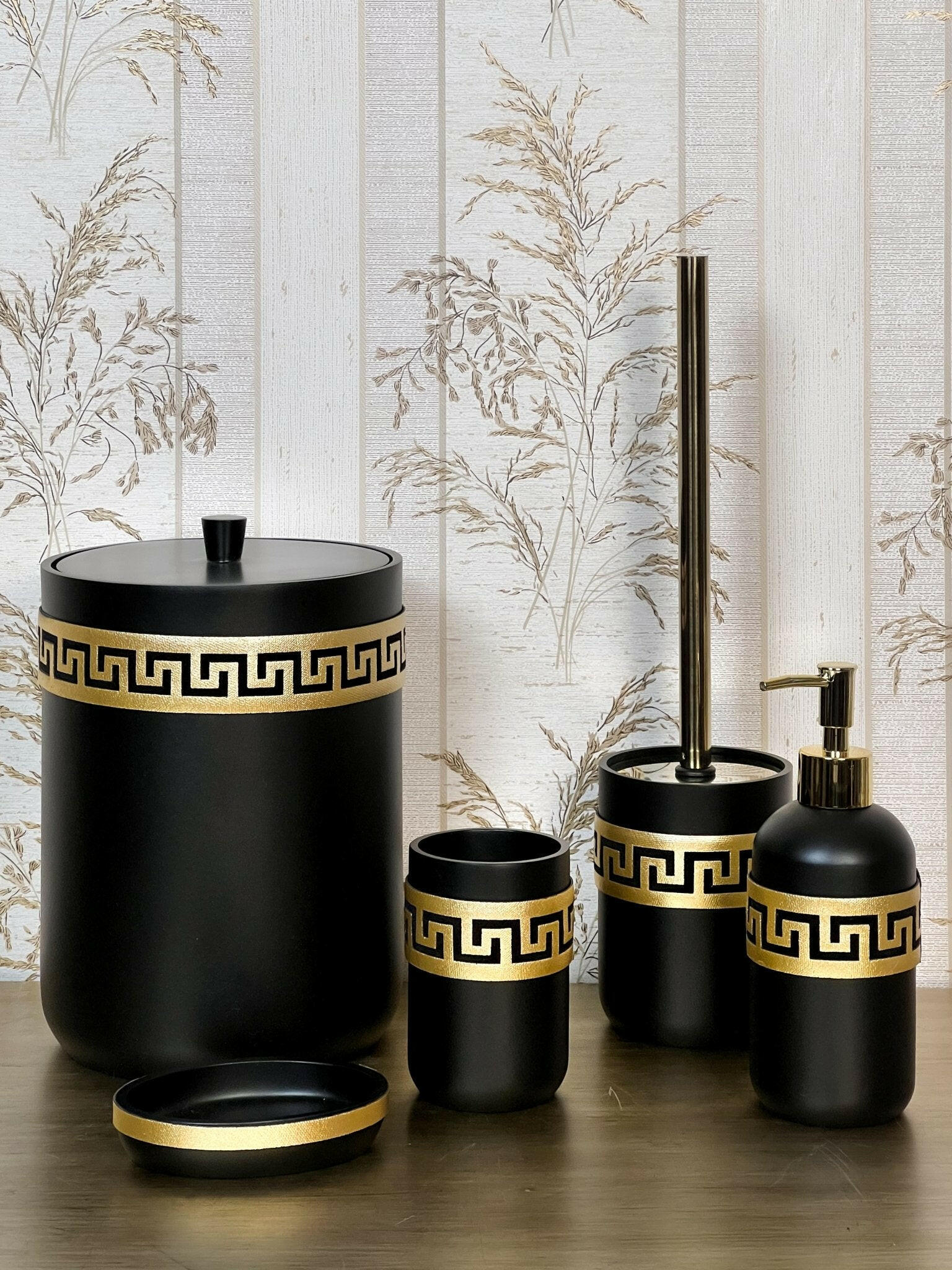 Anka Bathroom Set - Creative Home, Resin Black & Gold Bathroom Accessory Sets, Versace Style Greek Key Patterned Black & Gold Bathroom Decor