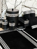 Anka Bathroom Set - Creative Home, Resin Black & Silver Bathroom Accessory Sets, Versace Style Greek Key Patterned Black & Silver Bathroom Decor, Bamboo Black Turkish Towels, Turkish Black & Silver Rug Carpet Mat