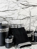 Anka Bathroom Set - Creative Home, Resin Black & Silver Bathroom Accessory Sets, Versace Style Greek Key Patterned Black & Silver Bathroom Decor, Bamboo Black Turkish Towels