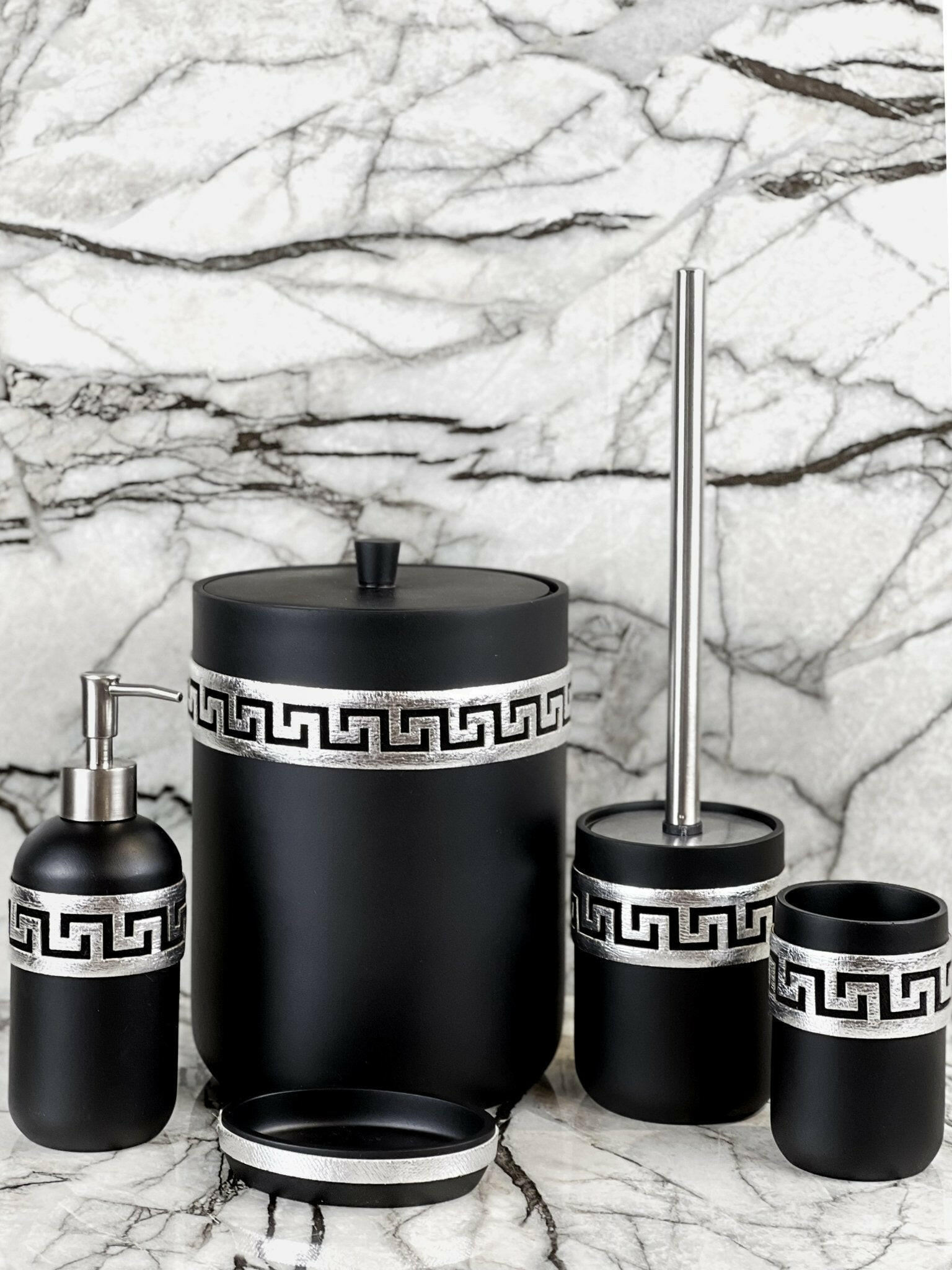 Anka Bathroom Set - Creative Home, Resin Black & Silver Bathroom Accessory Sets, Versace Style Greek Key Patterned Black & Silver Bathroom Decor