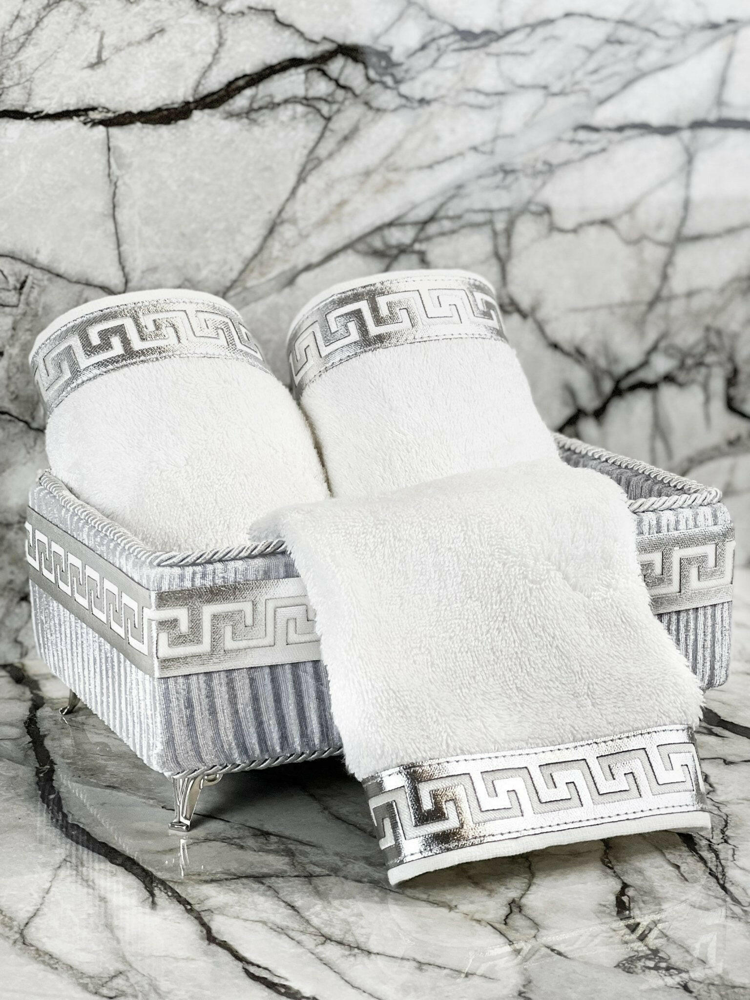 Anka Towel Box Set - Creative Home Designs, Cream & Silver Bathroom Towel Box, Versace Style Greek Key Patterned Cream & Silver Bathroom Decor, Bamboo Ecru & Silver Luxury Turkish Towels,TB-CH-ANKAGS-BT,TB-CH-ANKAGS-BO