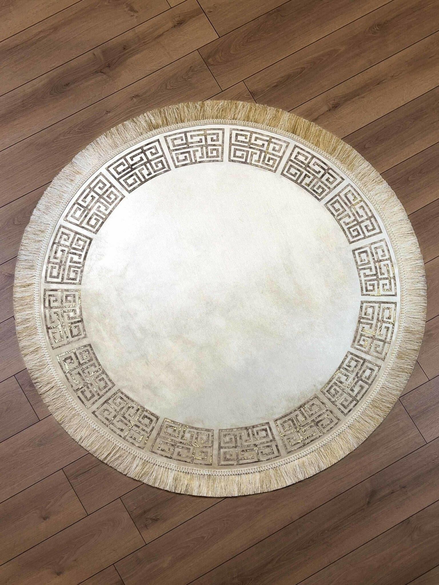 Greek Round Rug Texture Anka Round Velvet Rug, Greek Key Style Patterned Mat, Washable Carpet
