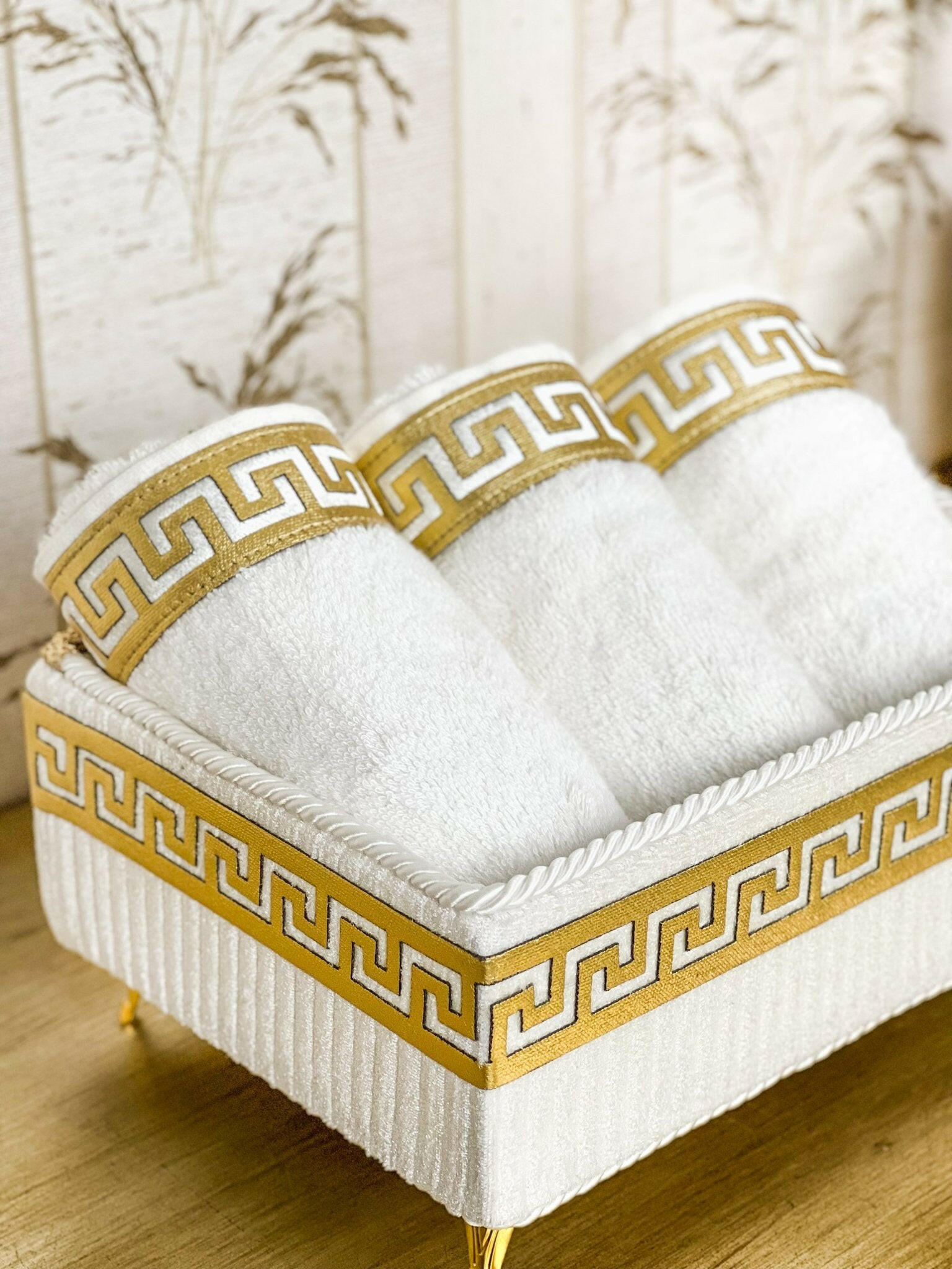 Anka Towel Box Set - Creative Home Designs, Cream & Gold Bathroom Towel Box, Versace Style Greek Key Patterned Cream & Gold Bathroom Decor, Bamboo Cream & Gold Luxury Turkish Towels,TB-CH-ANKACG-BT