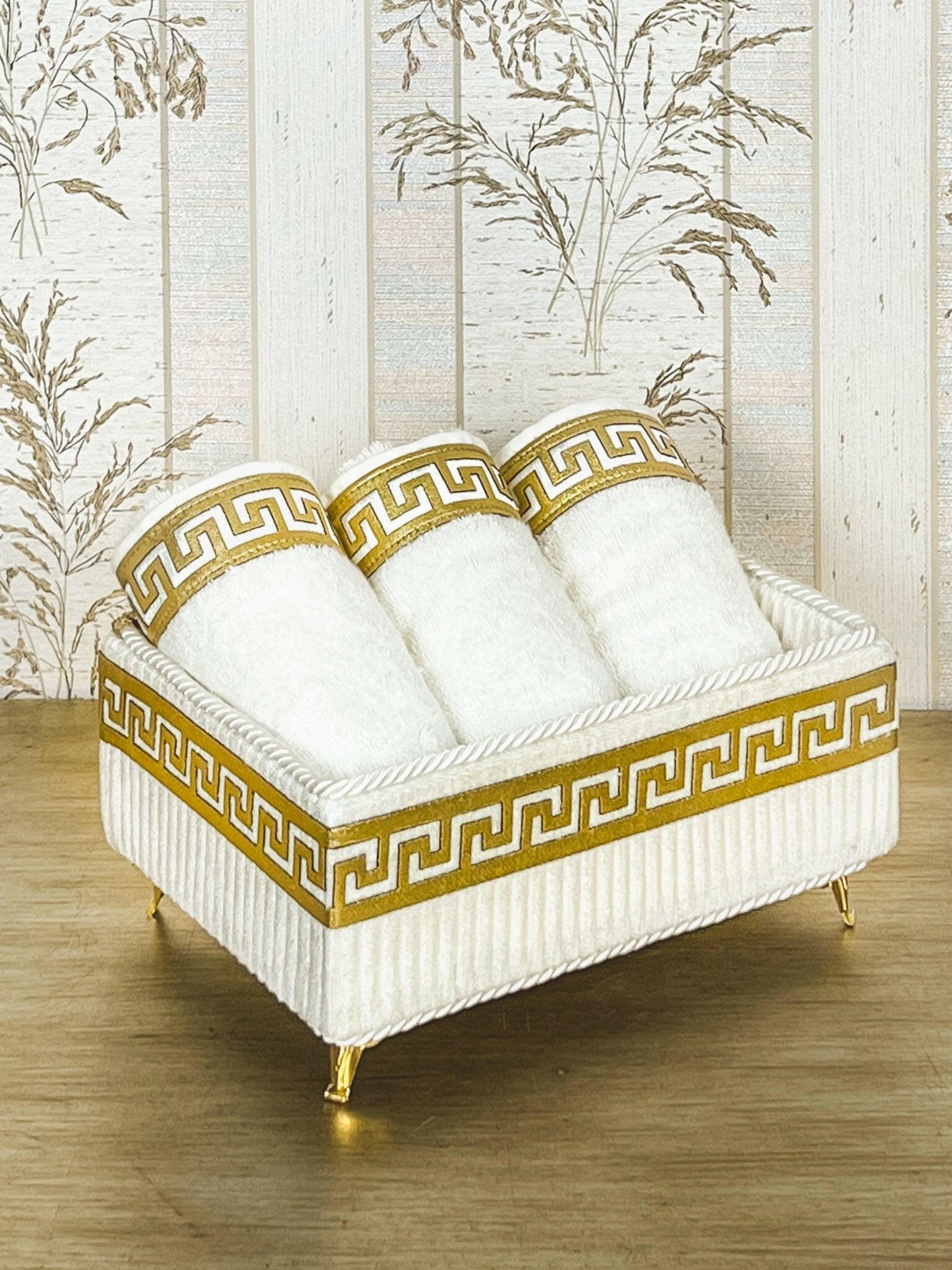 Anka Towel Box Set - Creative Home Designs, Cream & Gold Bathroom Towel Box, Versace Style Greek Key Patterned Cream & Gold Bathroom Decor, Bamboo Cream & Gold Luxury Turkish Towels