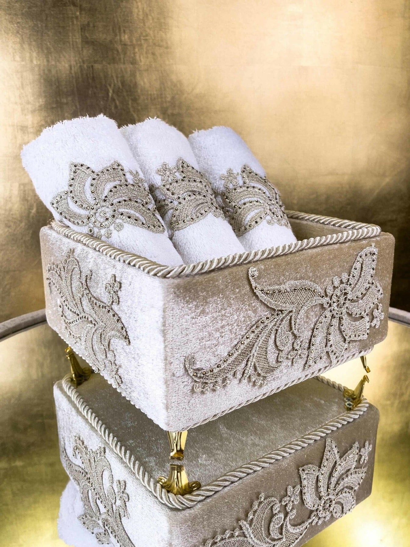 Ayla Gold Decorative Towel Box, Embroidered Bathroom Towel Box Set