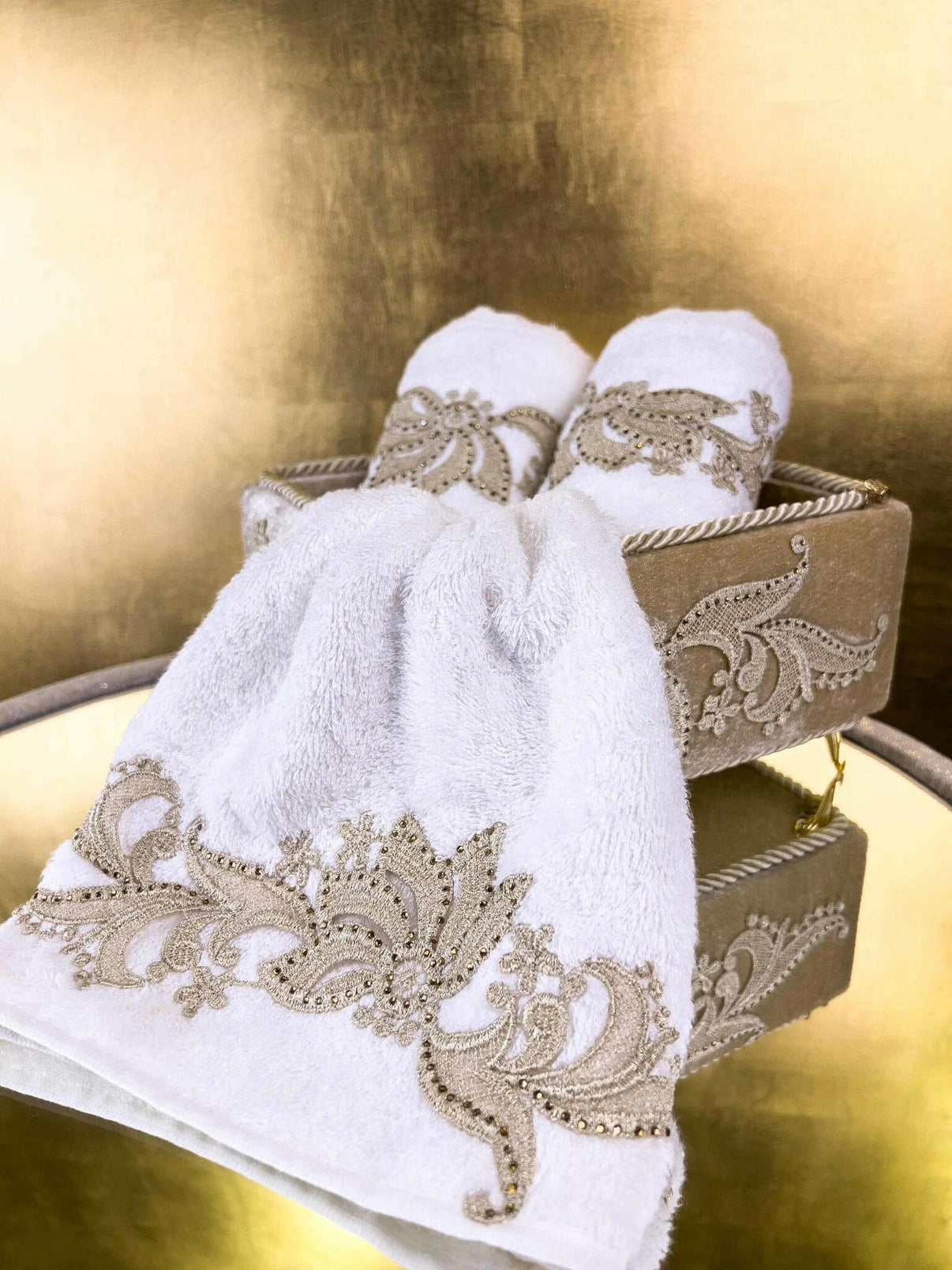 Ayla Gold Decorative Towel Box, Embroidered Bathroom Towel Box Set