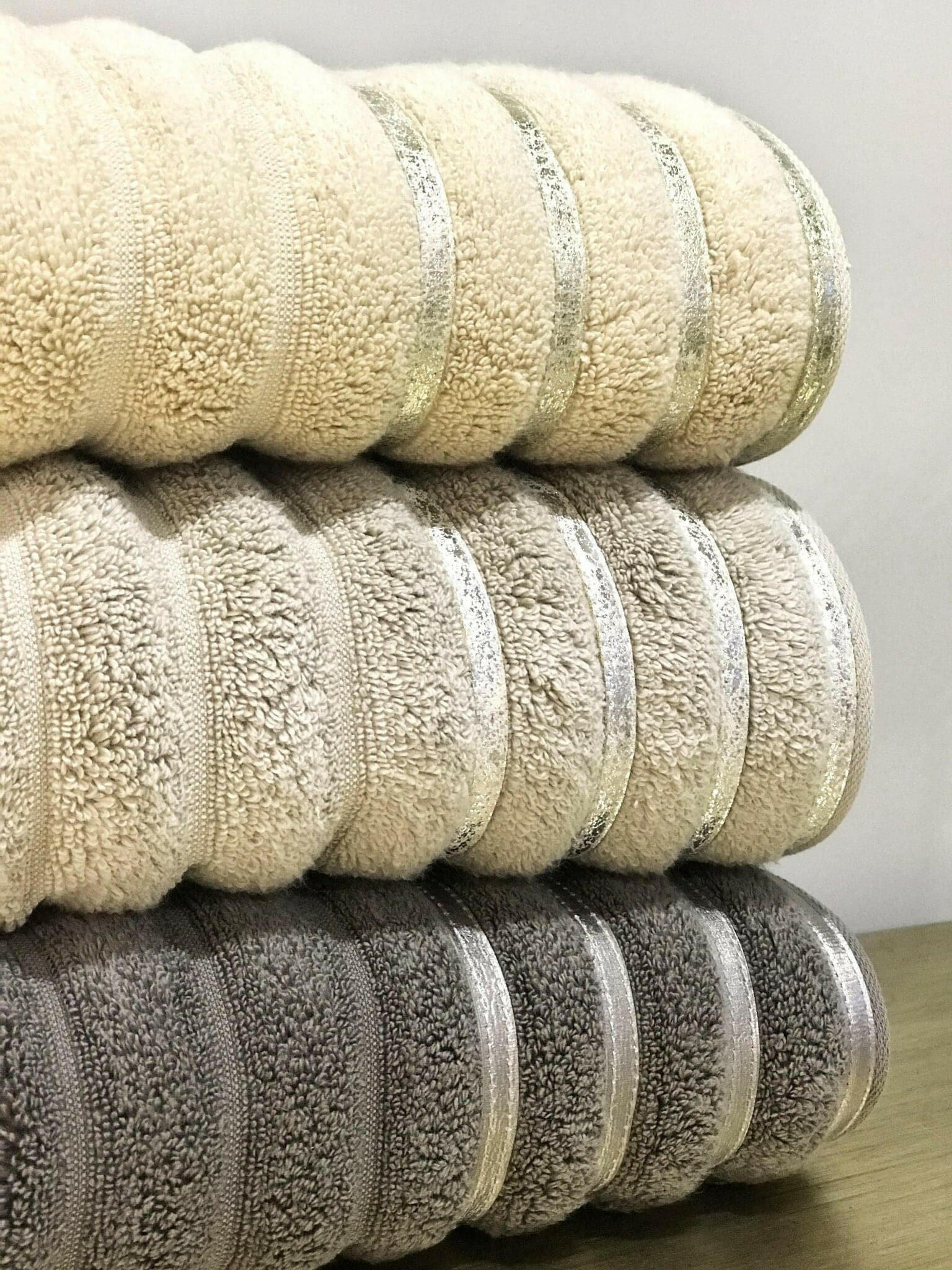 Bera Soft & Luxury Towel Set, Leather Striped Decorative Gold Grey & Dark Gray Colored Bathroom Towels by Creative Home,TS-CSTP-BERA-3F,TS-CSTP-BERA-3B,TS-CSTP-BERA-3F3B