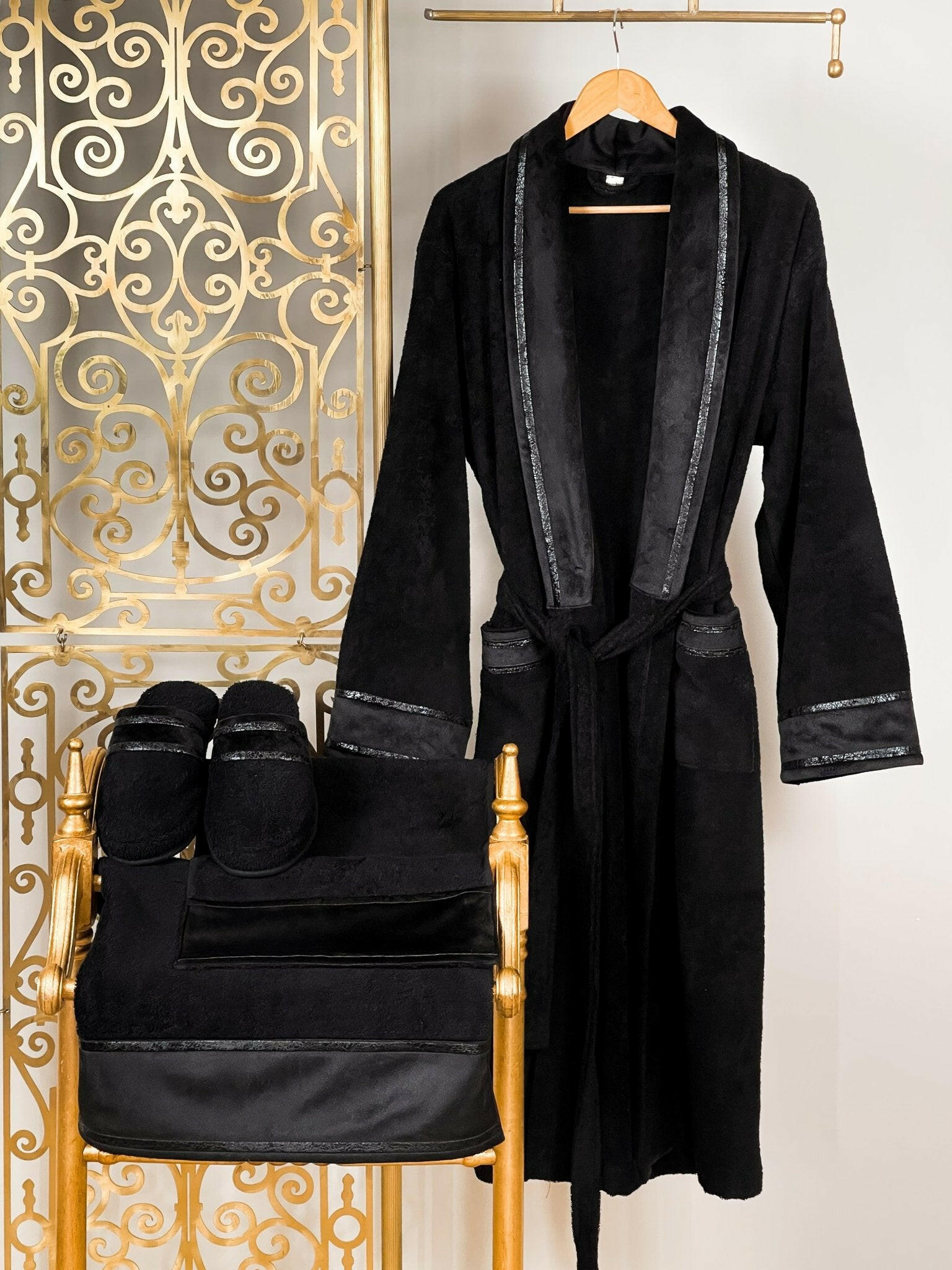 Bora Premier Luxury Men's Black Bathrobe Set, Velvet Applied Gown Robe, Slippers & Towels Set by Creative Home