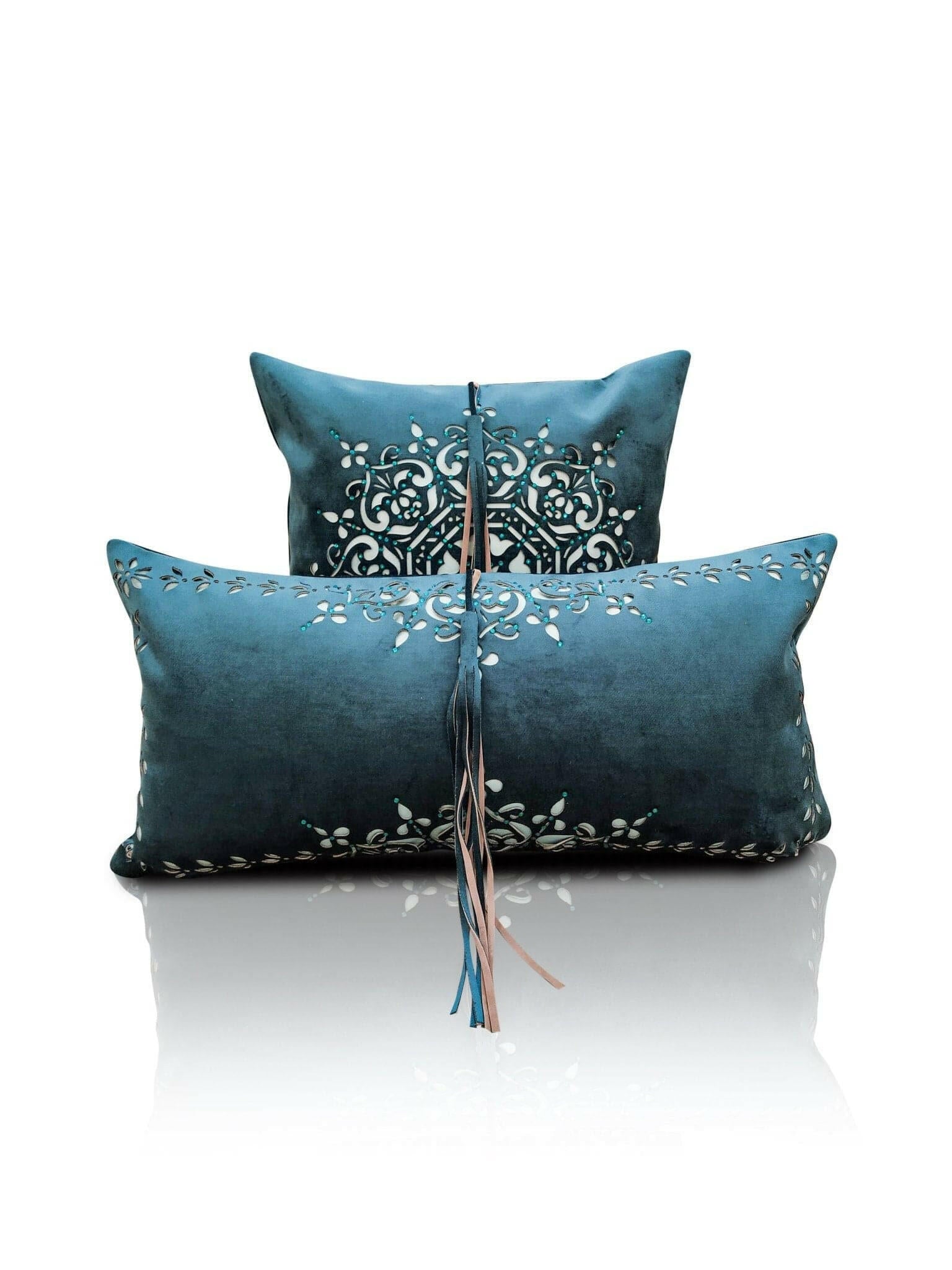 Damask Cushion Cover - Creative Home Designs Pillowcases, Turkish Throw Pillows & Shams, Petrol Blue Color Cut Out Sham With Diamonds