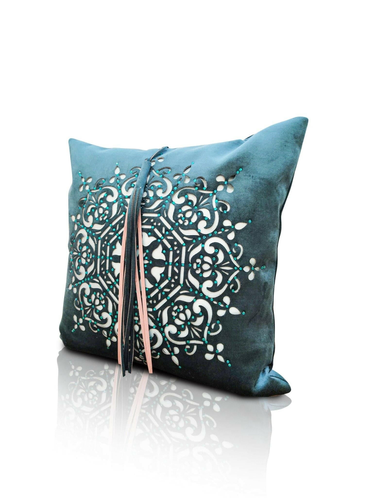 Damask Cushion Cover - Creative Home Designs Pillowcases, Turkish Throw Pillows & Shams, Petrol Blue Color Cut Out Sham With Diamonds,CC-CH-DMSK-P-1S1R,CC-CH-DMSK-P-2S,CC-CH-DMSK-P-2R,CC-CH-DMSK-P-2S1R