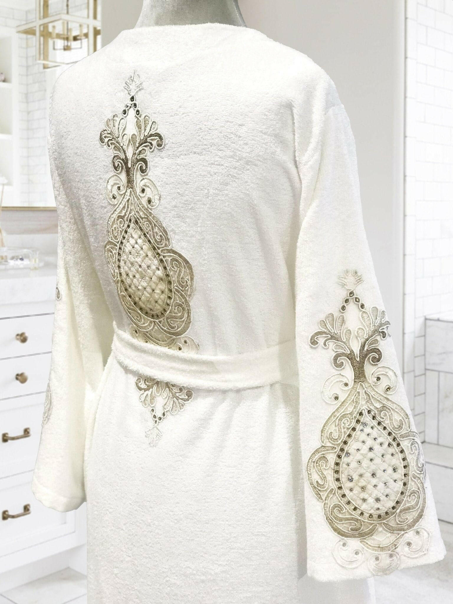 Only Bath Robe Damla White Embroidered Gold Lace Bathrobe Set, Women's Luxury Robe
