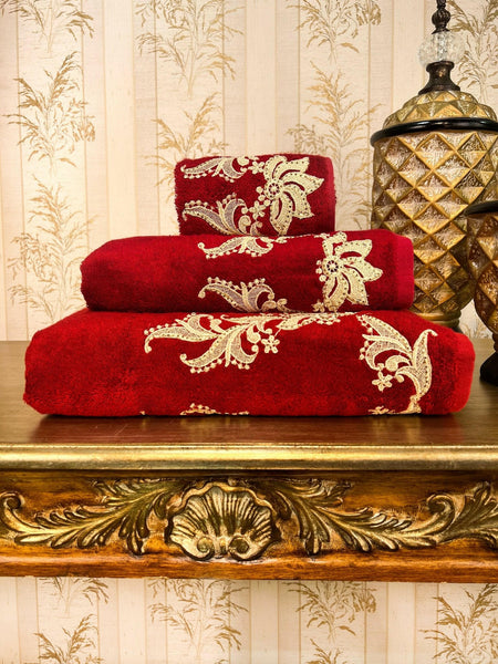 Deva Burgundy Red Gold 3 Piece Elegant Vintage Embroidery Towel Set