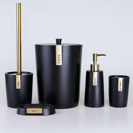 Anka Greek Key Black & Gold Bathroom Accessory Set, Luxury Bath Decor