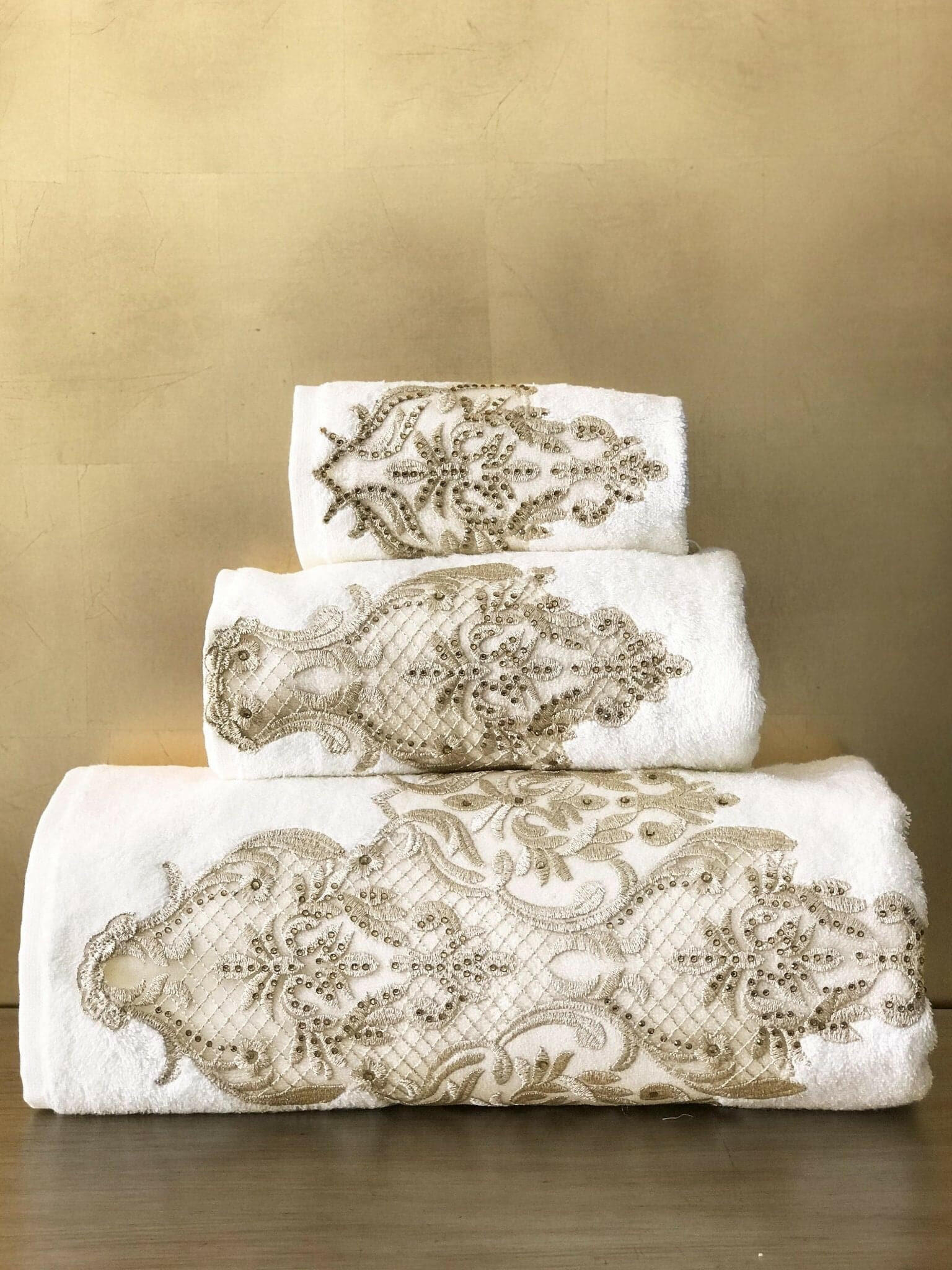 Ece European Style Luxury Embroidery Lace 3 Piece Elegant Bathroom Towel Set by Creative Home, Gold Color Embroidery with Crystals
