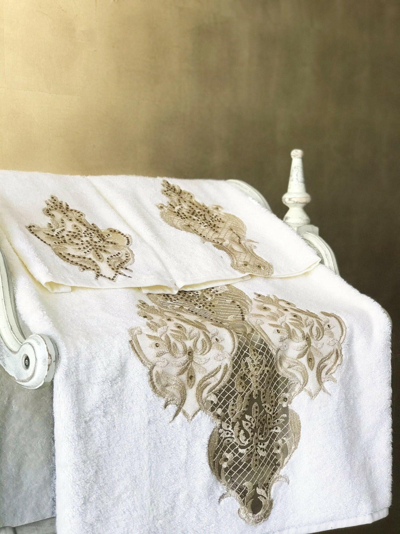 Ece European Style Luxury Embroidery Lace 3 Piece Elegant Bathroom Towel Set by Creative Home, Gold Color Embroidery with Crystals,TS-CH-ECE-Go