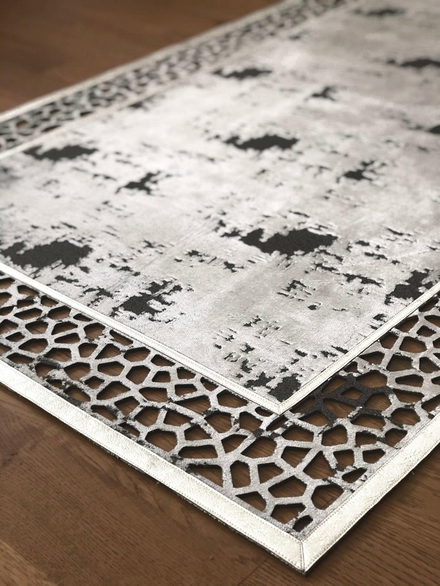 Esin Rectangular Grey Rug, Abstract Mosaic Border Mat, Washable Carpet