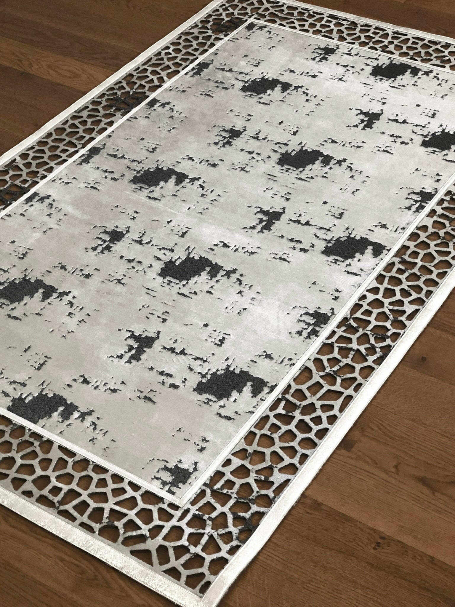 Esin Rug Esin Rectangular Grey Rug, Abstract Mosaic Border Mat, Washable Carpet