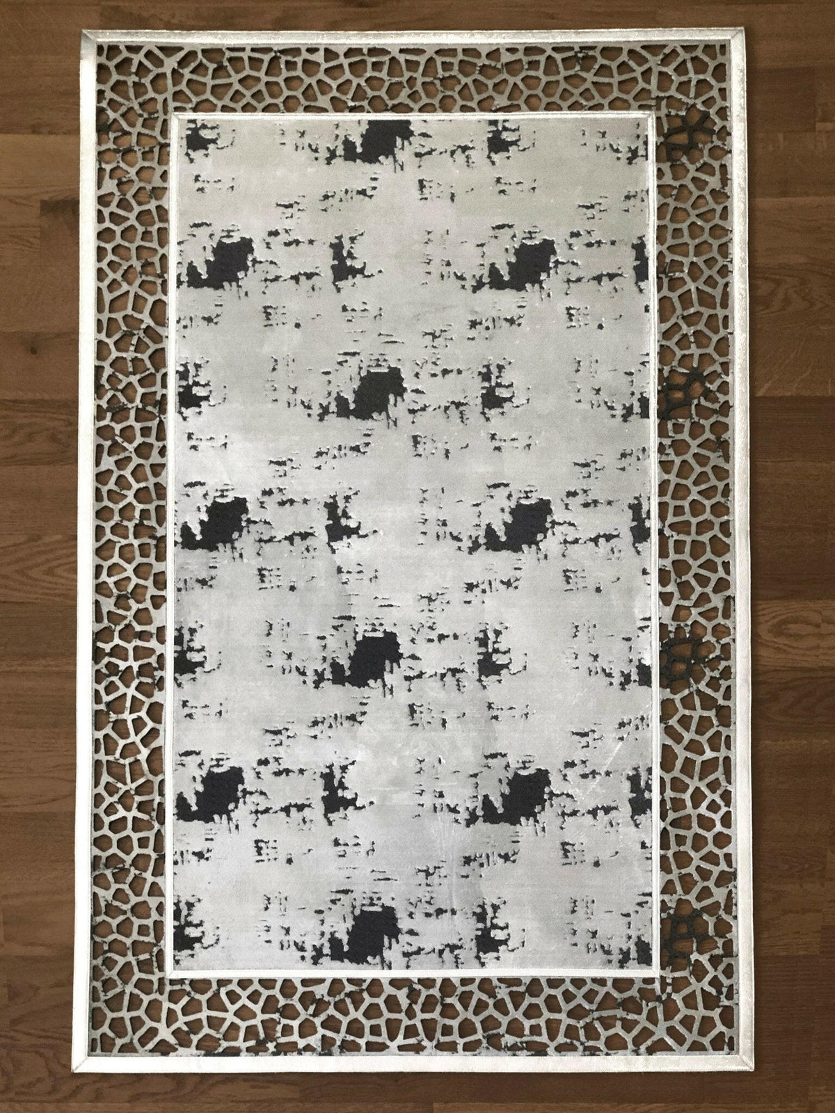 Esin Rug Esin Rectangular Grey Rug, Abstract Mosaic Border Mat, Washable Carpet
