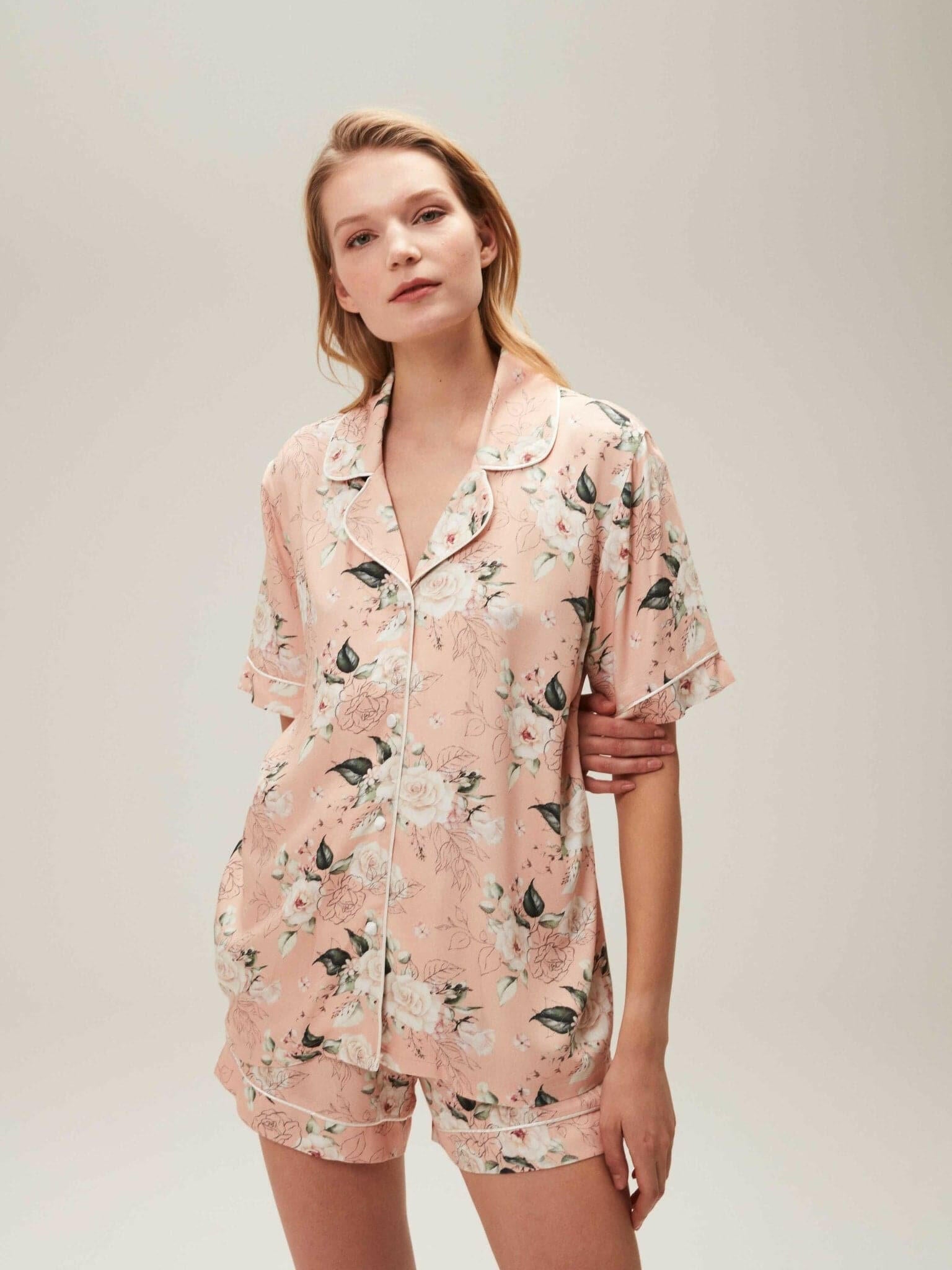 Ferya Floral Silk Satin Powder Shirt & Short Pajamas 2 Pieces PJ Set