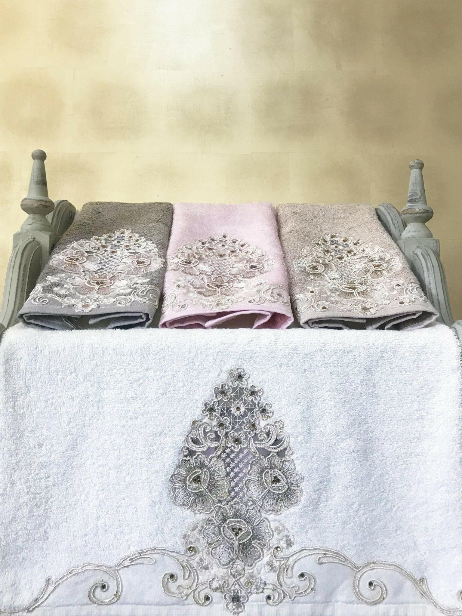 Gonca Floral Embroidery Lace 4 Piece Colored Decorative Towel Set