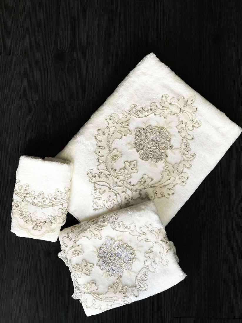 Elegant Floral Embroidery Bathroom Towel Set, Soft Luxury Bamboo Towels