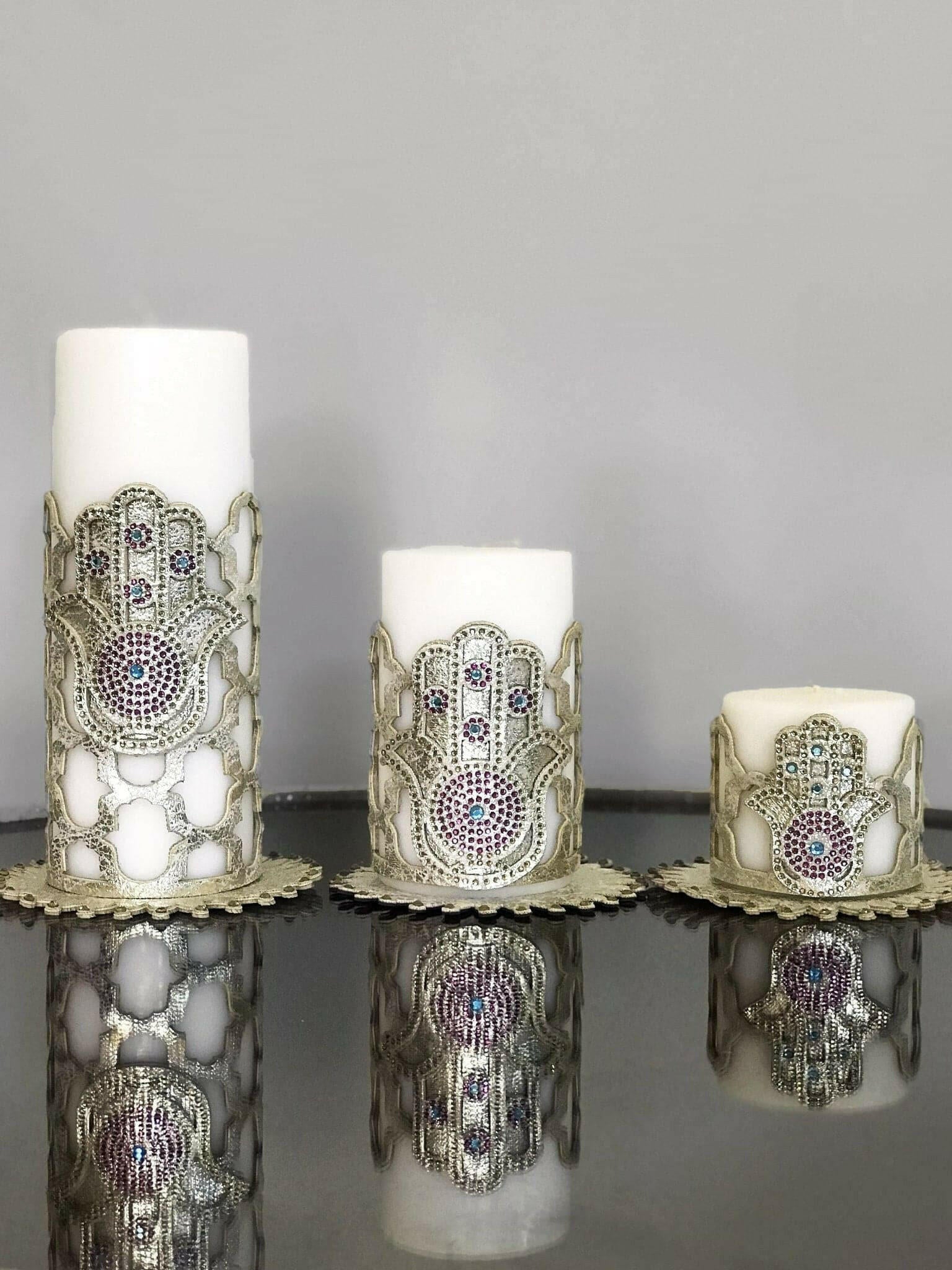 Hamsa Candle Set of 3 Gold Applique, Khamsa Hand Pattern, Chic Decorative Creative Home Candles,CS-CH-HMS-Go