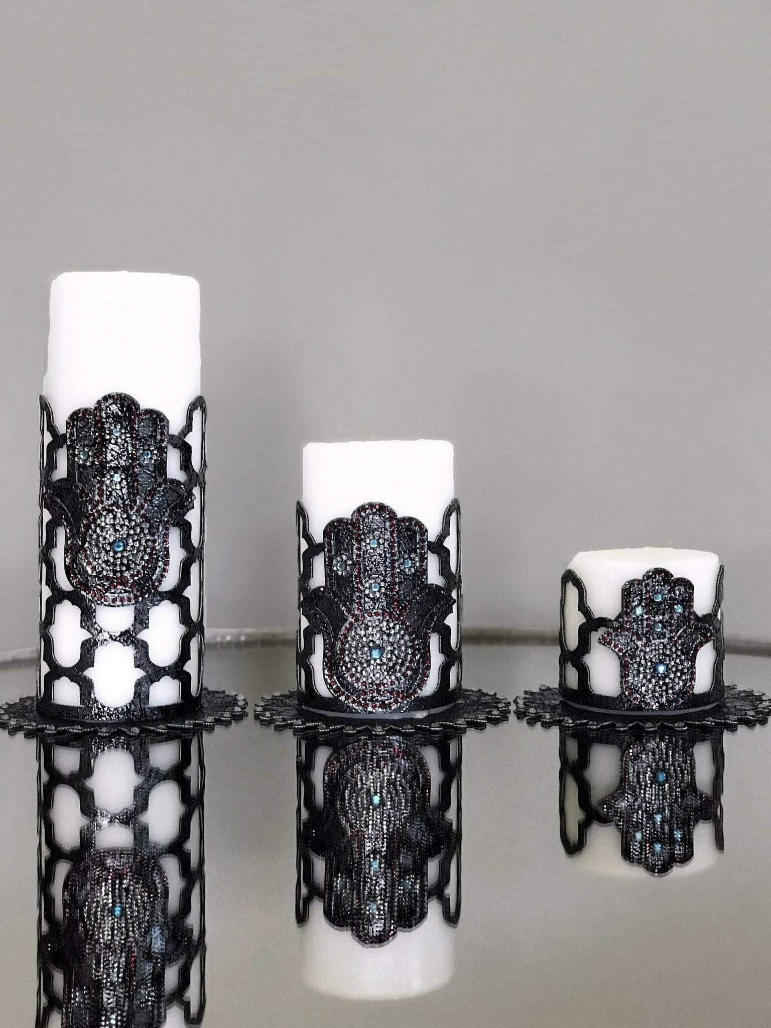 Hamsa Candle Set of 3 Black Applique, Khamsa Hand Pattern, Chic Decorative Creative Home Candles,CS-CH-HMS-Bl