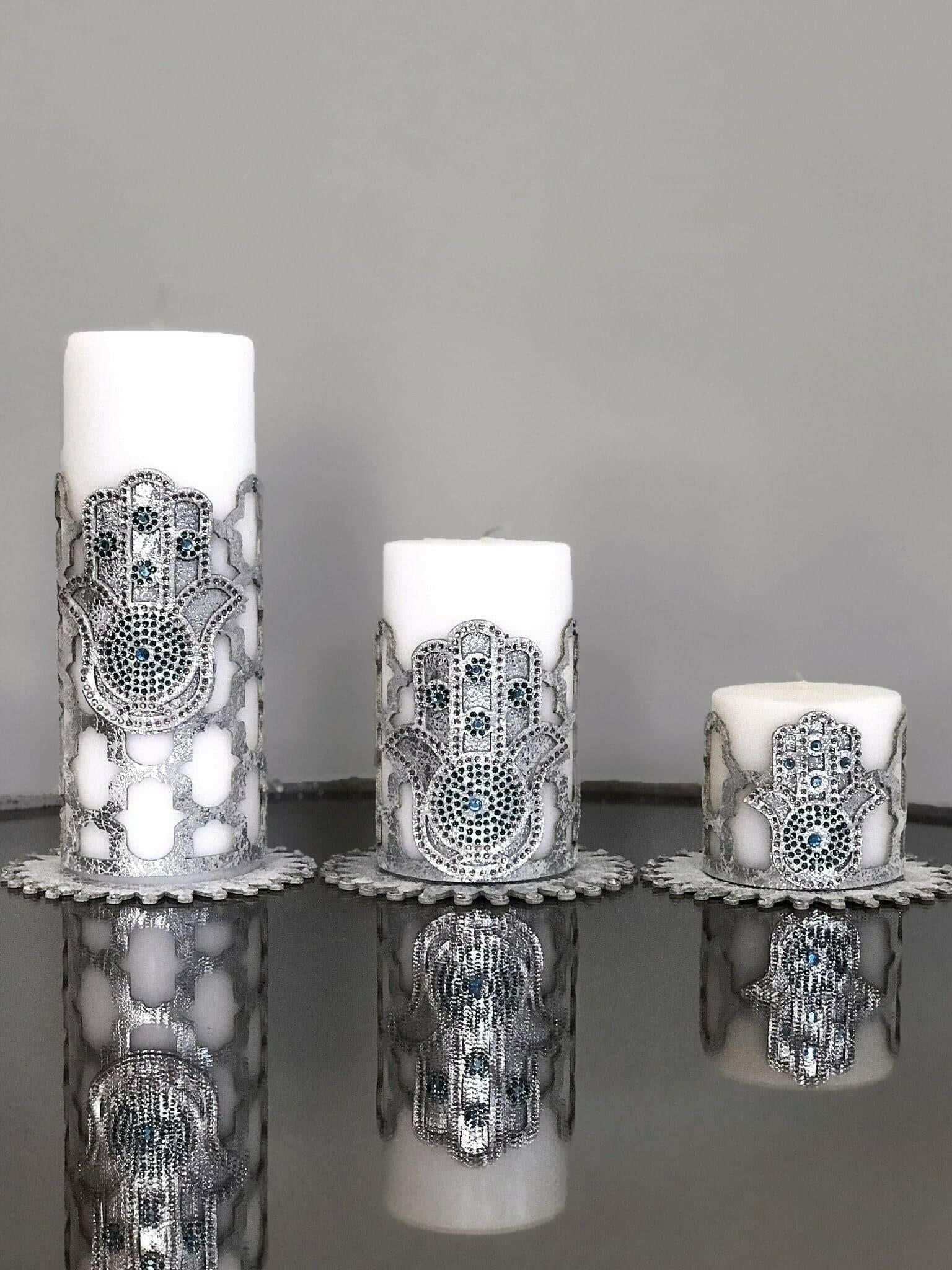 Hamsa Candle Set of 3 Silver Applique, Khamsa Hand Pattern, Chic Decorative Creative Home Candles,CS-CH-HMS-Si