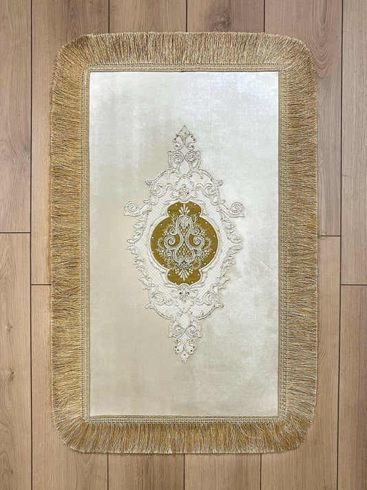 Idil Ecru & Gold Color Embroidered Rug - Creative Home Designs Rugs, European Lace Turkish Carpet, Non Slip Reactangular Mat