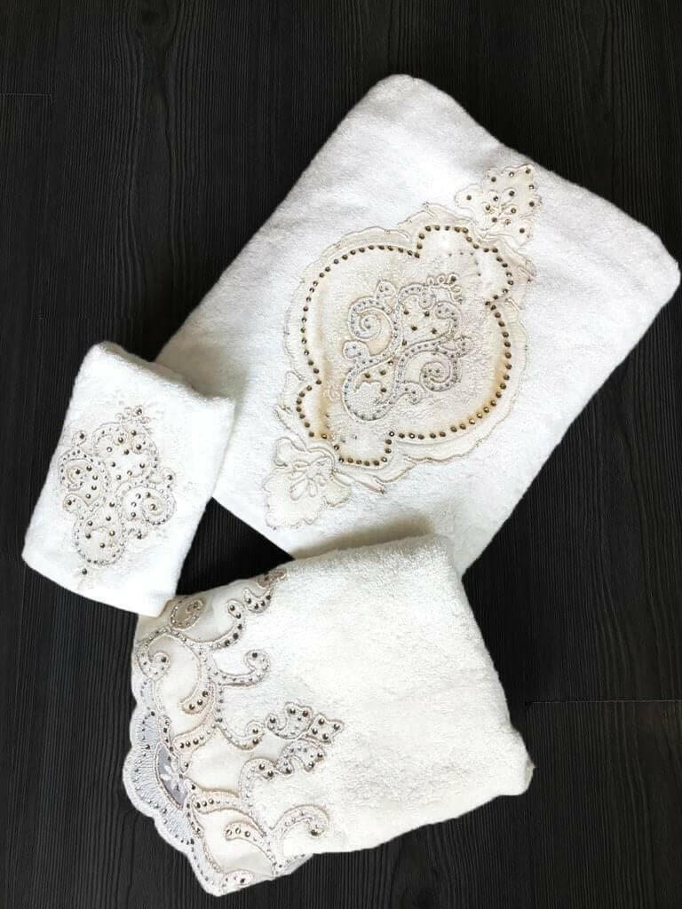 Idil Towel Set - Creative Home Designs, Embroidered Luxe Cream Turkish Towel with Velvet and Diamonds,TS-CH-IDL