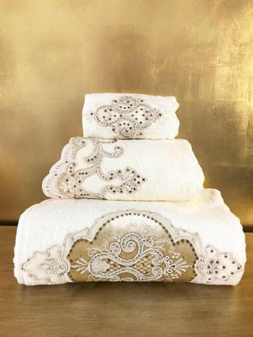 Idil Towel Set - Creative Home Designs, Embroidered Luxe Cream Turkish Towel with Velvet and Diamonds