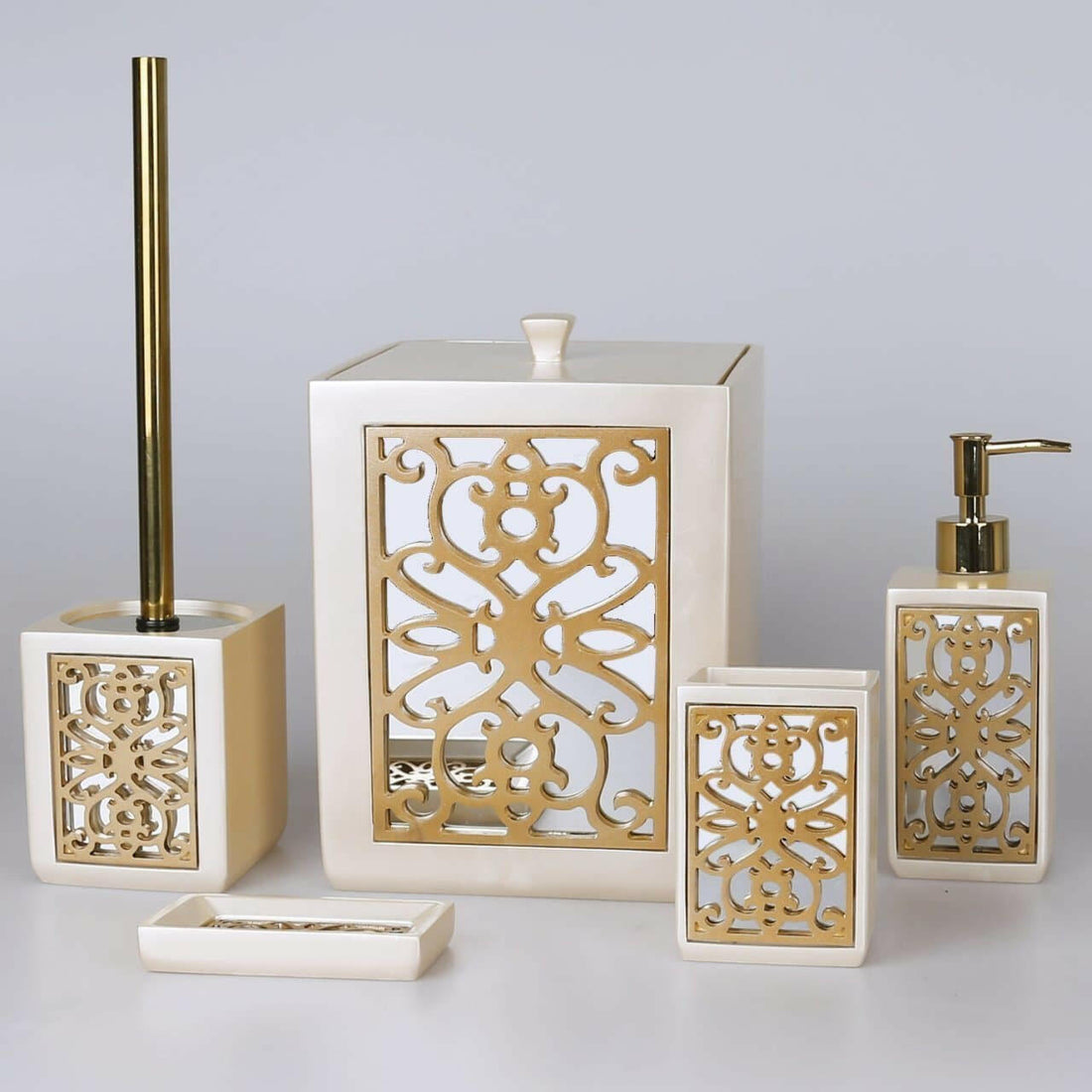 Kayra Bathroom 5 Piece Accessory Set, Square Mirror Design Resin Decor