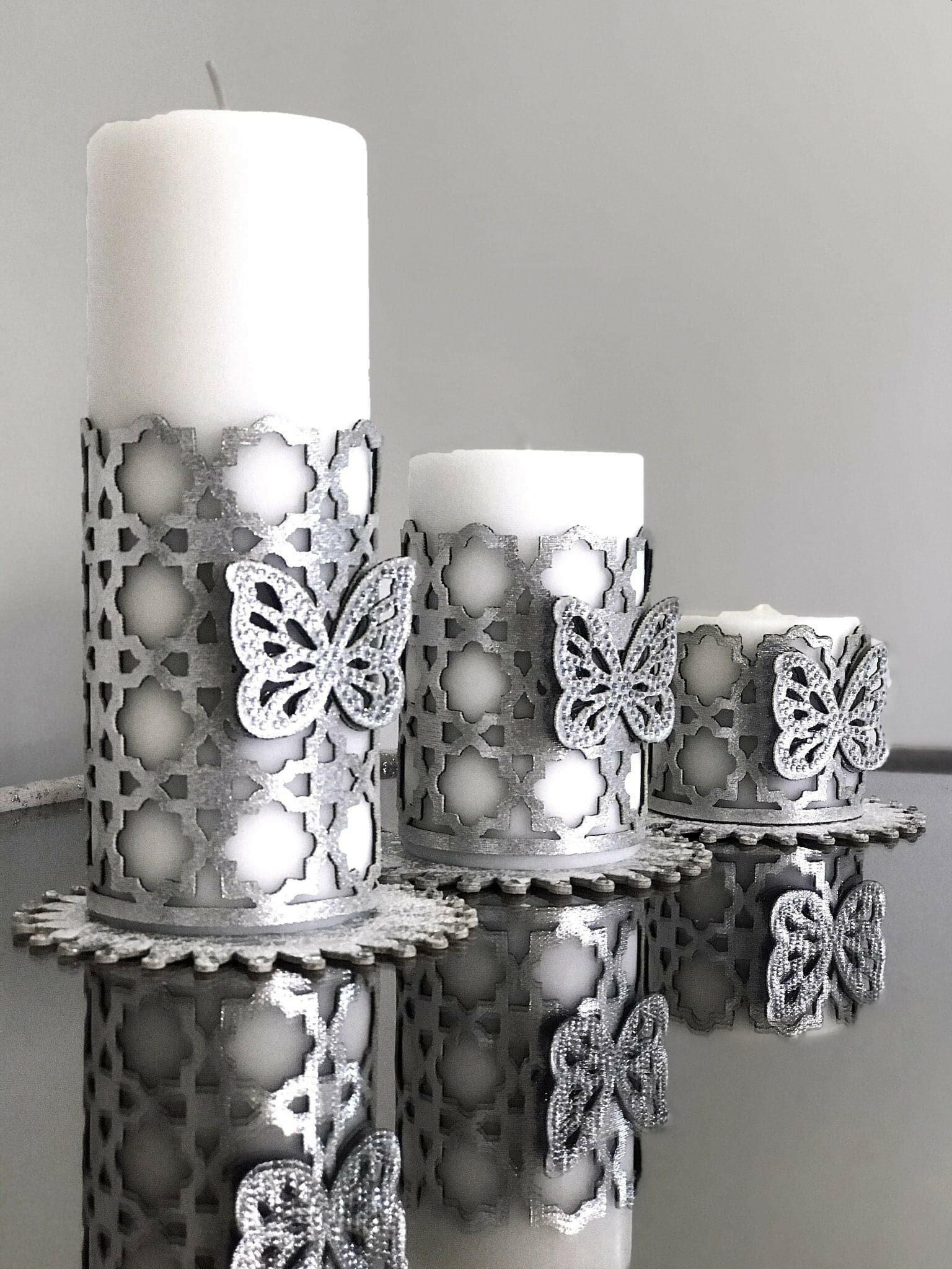 Kelebek Silver Grey Candle Set of 3, Leather Butterfly Pattern, Decorative Creative Home Designs Candles