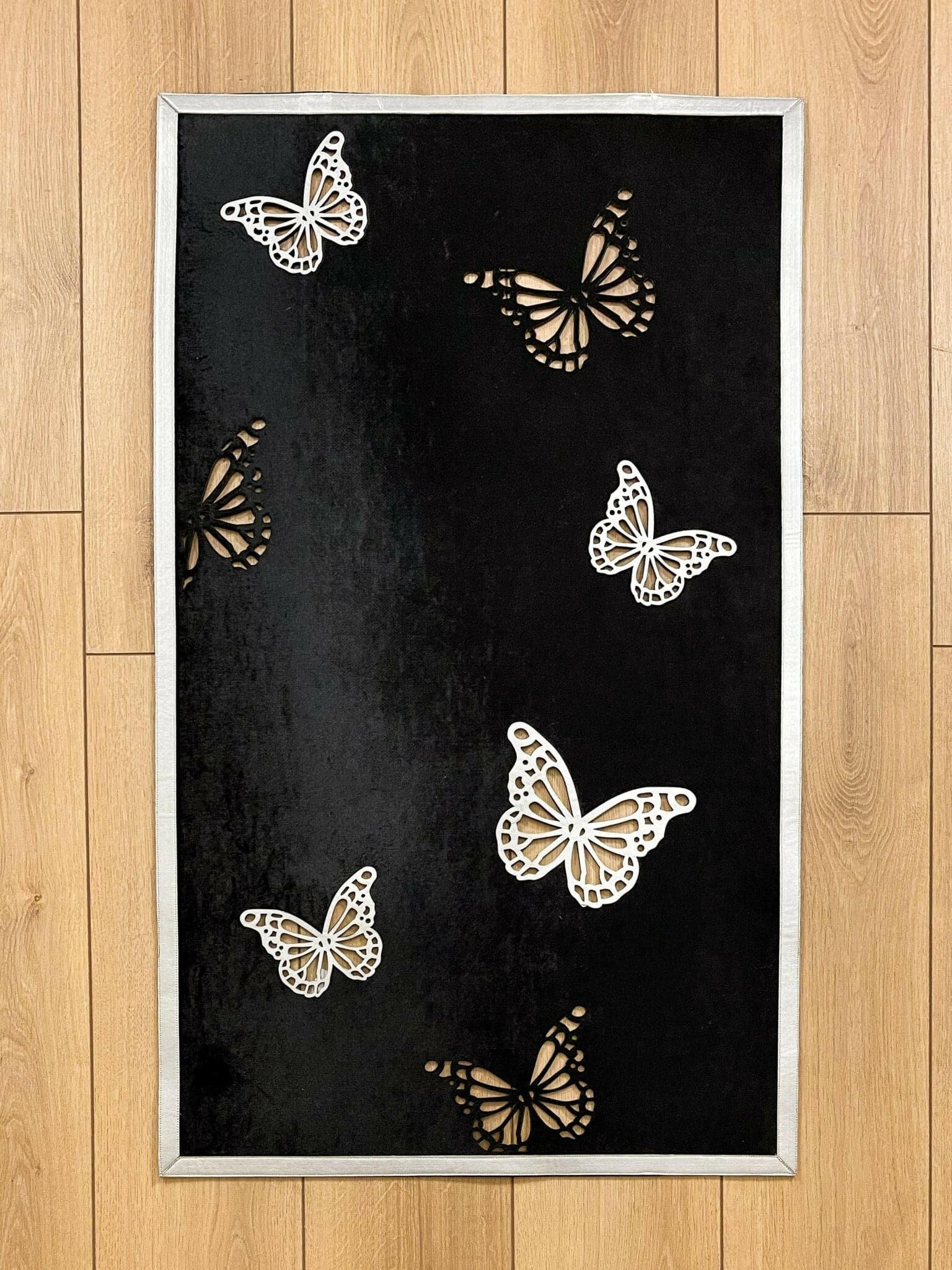 Kelebek Limited Edition Black & Silver Color Rectangular Rug - Creative Home Designs, Butterfly Luxury Turkish Carpet, Non Slip Washable Velvet Mat