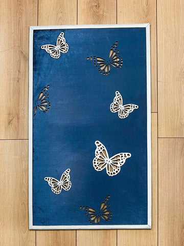 Kelebek Limited Edition Blue Color Rectangular Rug - Creative Home Designs, Butterfly Luxury Turkish Carpet, Non Slip Washable Velvet Mat