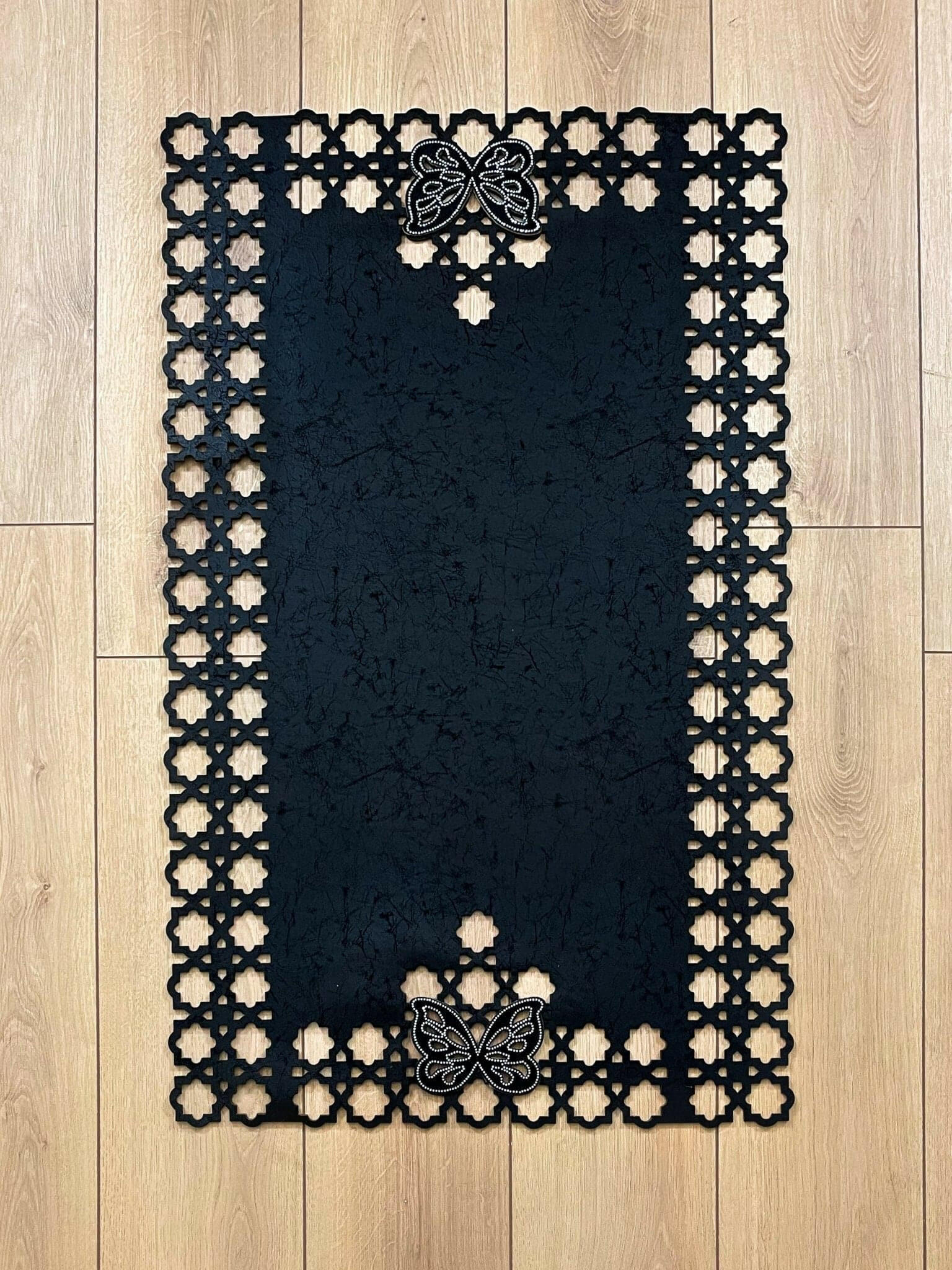 Kelebek Black Rug - Creative Home Designs, Butterfly Turkish Carpet, Non Slip Washable Velvet Mat