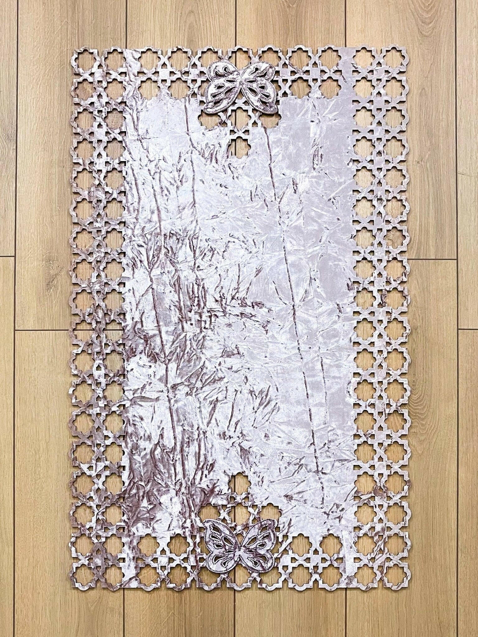 Kelebek Rose Pink Rug - Creative Home Designs, Butterfly Turkish Carpet, Non Slip Washable Velvet Mat